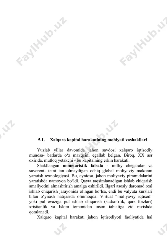 sudxo‘rlik, qarz foizlari) xristianlik va islom tomonidan inson tabiatiga zid ravishda qoralanadi. xalqaro kapital harakati jahon iqtisodiyoti faoliyatida hal qiluvchi element hisoblanadi. xxi asr boshlarida. yillik valyuta aylanmasi 400 trln. tovarlarning jahon savdosidan 80 baravar yuqori. o‘rtacha kunlik bozor aylanmasi 5 trln. dollar. xalqaro hisob-kitoblar bankining ma’lumotlariga ko‘ra, so‘nggi yillarda dunyoda har yili 5,3 trln. va 9,8 trln. aqsh dollari miqdoridagi bank kreditlari berildi. ikkinchi jahon urushidan keyin dinamik ravishda rivojlanib borgan jahon savdosi kapital harakatiga ta’sir qila boshladi. o‘tgan asrning 90-yillarida dunyo bo‘yicha tovarlar va xizmatlar eksporti mos ravishda 5 va 1,2 trln aqsh dollarini tashkil qildi. kapitalning xalqaro harakati ishlab chiqarish omillaridan biri harakati tufayli vujudga keladi, uning iqtisodiy shart-sharoitlari bitta mamlakatda boshqa mamlakatlarga qaraganda samaraliroq. xalqaro investitsiyalar turlicha kelib chiqish manbalari, tabiati,foydalanish vaqti va maqsadi. o‘zlarining tabiati va shakllariga ko‘ra, xorijiy investitsiyalar boshqacha bo‘lishi mumkin. kelib chiqishi manbasi bo‘yicha xorijiy investitsiyalar quyida- gicha ajratiladi: davlat kapital qo‘yilmalar …
