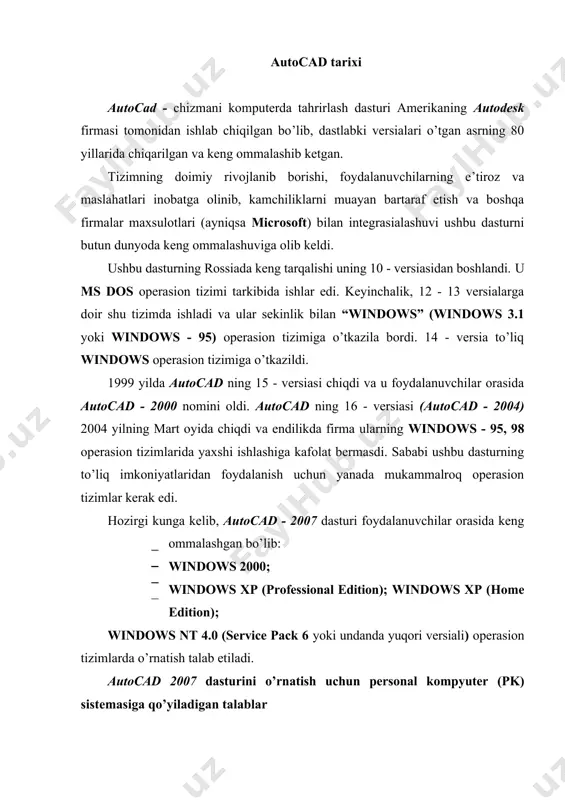 kiradi: 1. operasion sistema. · windows xp professional (sp1 yoki 2) · windows xp home (sp1 yoki 2) · windows xp tablet pc · windows x64 2. web – brauzer • microsoft internet explorer 6.0 (sp1 yoki yanada yangi paket) izoh: dastur o’ rnatilgandan so ’ng rasmiylashtirish uchun zarur. 3. processor • pentium iv yoki undan yuqori 1200 mgc 4. ozu (operativ xotira) • 1 gb (tavsiya etiladi) 5. video • 1024x768 vga, ranglar palitrasi true color (minimum) 6. qattiq disk (vinchester) • 1000 gb o’ringa ega bo’lishi 7. ko’rsatish qurilmasi • sichqoncha «trecbol» yoki boshqalar 8. cd - rom • dasturni o’rnatish uchun, qaysi model bo’lishidan qat’iy nazar zarur autocad 2007 dasturini pk ga o’rnatish va yuklash autocad 2007 dasturini o’rnatishda quyidagi operasialar majmuasi bajariladi: 1. cd - rom qurilmasiga o’rnatuvchi disk qo’yiladi. 2. muloqot oynasi ishga tushadi va unda «установка» (o’rnatish) ko’rsatkichi ochiladi. 3. «установка» bo’limidan «автономная установка» …