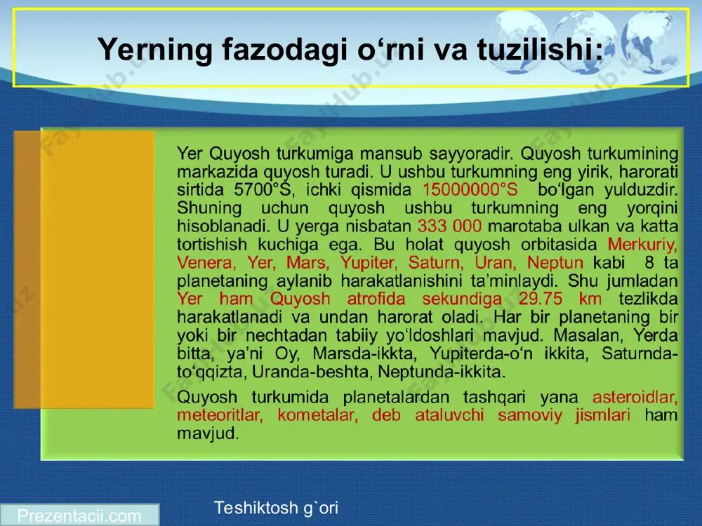 ib, yorug‘liq socha boshlaydi. shu boisdan ularning bir yoki bir necha yo‘nalishda dumlari shakllanadi, va quyoshdan teskari tomonga cho‘zilib turadi. ba’zan kometalarning dumlari 900 mln km ga qadar yetadi. yer sayyorasi: yer aniq shar shaklida emas, balki ellipsoid (geoid) ko‘rinishidadir. uni tashqi tomondan havo qobig‘i o‘rab turadi va ushbu qatlam atmosfera deb ataladi. uning qalinligi 500 km dan 2000 km gacha yetadi. atmosfera qobig‘i turli gaz va suv bug‘laridan tashkil topgan. atmosferaning quyi chegarasi suv va qattiq qatlam bilan tutashadi. yerning 71% suv dengizlar o‘rab turganligi uchun ikkinchi qatlam deya gidrosferani bilamiz. gidrosferaning o‘rtacha qalinligi 4000 metr atrofidadir. yerning qolgan 22% quruqlikdan iboratdir, ya’ni qattiq jismlarldan iborat bo‘lib u litosfera deb ataladi, ya’ni “litos” yunon tilida – tosh, “sfera”-qobiq degan mazmunni beradi. ayrim adabiyotlarda litosfera tushunchasi yer po‘sti tushunchasi bilan almashib keladi, yoki ikkalasi bir xil ma’noga egadir. yer po‘stining tashqi qatlami 30-70 km ni tashkil qiladi. bu ko‘rsatkich tog‘li …