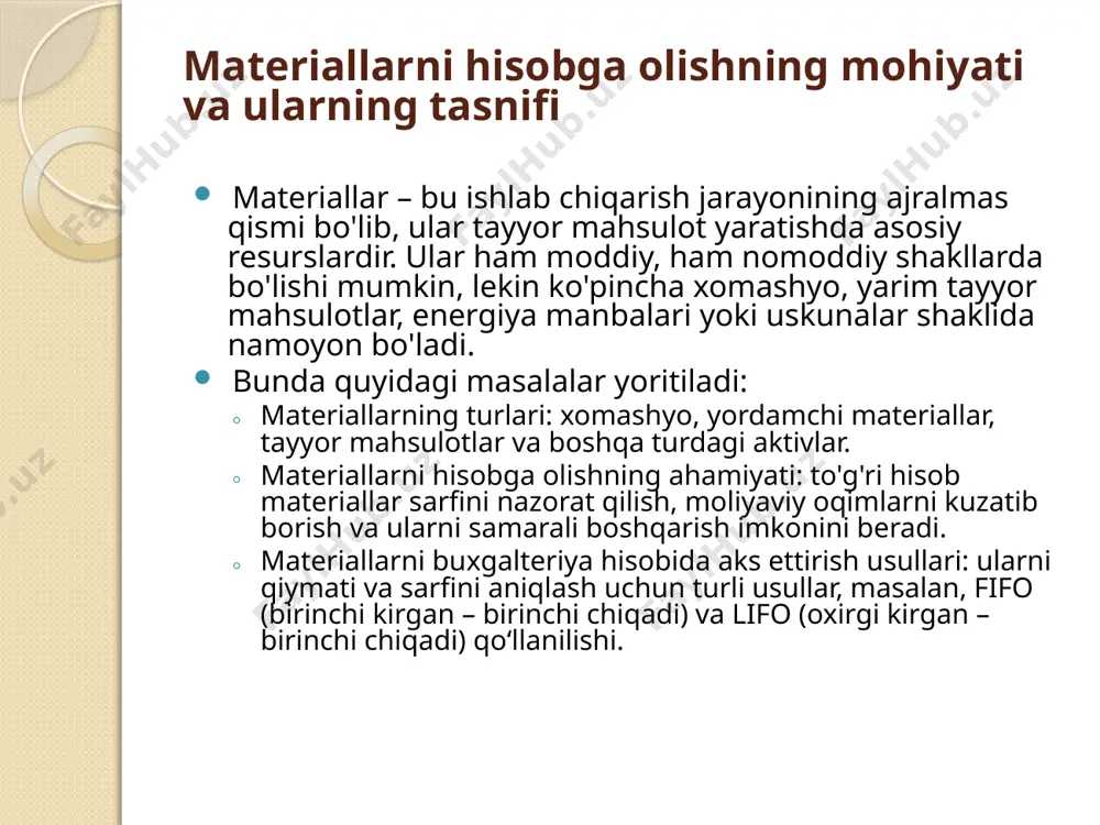 lan sotilgan materiallarni aks ettiradi. bu usul soliq yukini kamaytiradi, chunki sotilgan materiallarning qiymati yuqori, zaxirada qolgan materiallarning qiymati esa pastroq ko‘rsatiladi. afzalliklari: narxlar o‘sayotgan sharoitda soliqlardan sezilarli darajada tejaladi. mahsulot tannarxi yuqoriroq bo‘lib ko‘rsatiladi, bu esa moliyaviy hisobotlarda foyda ko‘rsatkichini kamaytiradi. 3. o‘rtacha narx usuli o‘rtacha narx usuli materiallarni hisobga olishda ularning o‘rtacha qiymatini hisoblash va foydalanishdan iborat. har bir material birligi uchun o‘rtacha narx hisoblanadi va sarflangan materiallar shu o‘rtacha narx bo‘yicha baholanadi. asosiy xususiyatlari: bu usulda materiallarning umumiy qiymati barcha sotib olingan zaxiralar qiymatiga asoslanadi va umumiy o‘rtacha narx hisoblanadi. sotilgan materiallar va zaxirada qolgan materiallar o‘rtacha baholangan bo‘ladi, bu balansda barqarorlikni ta’minlaydi. afzalliklari: o‘rtacha narx usuli narxlardagi keskin o‘zgarishlardan himoya qiladi, u balansni ushlab turadi. 4. o‘z vaqtida tizimi (just-in-time, jit) just-in-time (jit) tizimi materiallarni ishlab chiqarish jarayonida bevosita ishlatish uchun kerakli vaqtda yetkazib berish yoki sotib olishga qaratilgan yondashuvdir. bu usul ortiqcha zaxira saqlamaslik va …
