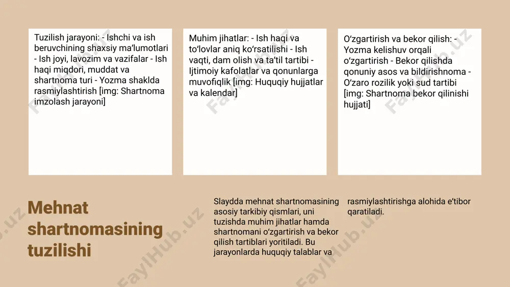 lar va ish beruvchilar o‘rtasida ishonchli aloqa o‘rnatish zarur. xulosa mehnat shartnomasi mehnat munosabatlarining asosi bo‘lib, xodim va ish beruvchining huquq va majburiyatlarini aniqlaydi. to‘g‘ri tuzilgan shartnoma barqaror va adolatli ish muhitini taʼminlashda muhim rol o‘ynaydi. • mehnat shartnomasining asosiy tushunchalari va turlari amaliy ahamiyati bilan birga ko‘rib chiqildi. • shartnomani tuzishda zarur bo‘lgan huquqiy talablar va ehtiyot choralari aniq belgilandi. • jarayon bosqichlari, amaliyotda uchraydigan asosiy muammolar va ularni bartaraf etish yo‘llari tahlil qilindi. • xodim va ish beruvchining huquqlari, majburiyatlari hamda nizolarni hal qilish mexanizmlari ko‘rsatib o‘tildi. har bir mehnat shartnomasi – ishonchli va adolatli ish muhitining kafolati. uni to‘g‘ri tuzing va huquqlaringizni himoya qiling! vizual tavsiya: doira shaklida joylashgan asosiy bosqichlar ikonkalari, ikki tomonlama strelkalar yordamida bog‘langan xodim va ish beruvchi piktogrammalari, muammoli vaziyatlar uchun ogohlantiruvchi belgi joylashtirish. e'tiboringiz uchun rahmat! image1.jpg image2.jpg image8.jpg image9.jpg image10.jpg image11.jpg image12.jpg image13.jpg image3.png image4.png image5.png image6.png image14.jpg image7.png