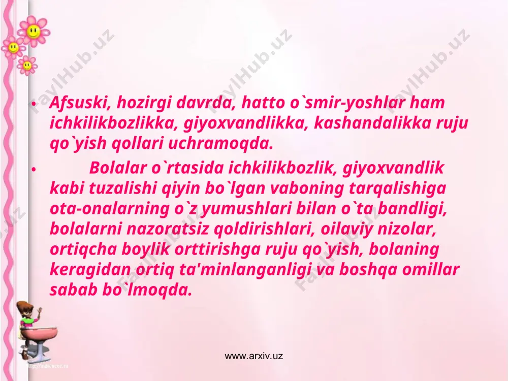 onlar esa odamlardagi gonoreya, zaxm, bo'g'ma, vaboga chalinmaydi. u yoki bu kasalliklarga chalinmaslikni bu xususiyati nasldan-naslga o'tadi. orttirilgan tug'ma immunitet odam yuqumli kasallikni boshidan kechirgandan so'ng paydo bo'ladi. u individual bo'lib nasldan-nalsga o'tmaydi. u o'ziga xos bo'lib, organizmni faqat o'tkazilgan kasallikdan himoya qiladi. www.arxiv.uz www.arxiv.uz chaqaloqlarning tug'ma passiv immuniteti ham tabiiy immu-nitet qatoriga kiradi. u ona organizmidan homilaga antitana o'tishi bilan bog'liqdir. uning davomiyligi uzoq emas, ya'ni bir necha oydir. sun'iy immunitet. uni organizmda sun'iy ravishda kasal-liklarni oldini olish, shuningdek yuqumli kasalliklarini davo-lash uchun hosil qilinadi. sun'iy immunitetning faol va passiv turlari ajratiladi. www.arxiv.uz www.arxiv.uz passiv sun'iy immunitet odam organizmiga maxsus himoya moddasini, ya'ni immun antitana yuborilganda paydo bo'ladi. ular kasallanib bo'lgan kishilar immun zardobi tarkibida bo'ladi. immunitetni bu turi uzoq muddat saqlanmaydi (bir oyga qadar) faol sun'iy immunitet organizmga vaksina yuborilgandan so'ng paydo bo'ladi. uning muddati 3-5 yil, shuningdek o'ldirilgan mikroblardan tayyorlangan vaksina ishlatilganda 1 yilgacha bo'ladi. www.arxiv.uz www.arxiv.uz …