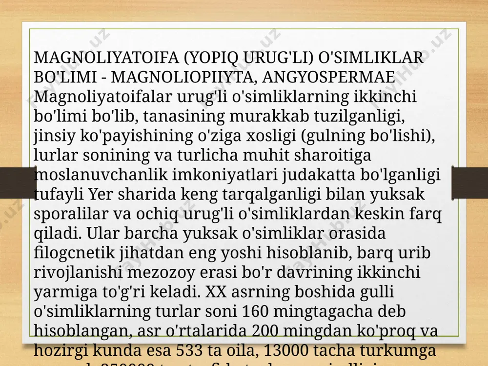 00 sm keladigan bir yillik o’t.poyasi bitta, ariqchali yumshoq, kalta tukchali, panshaxasimon shoxlangan bo’ladi. xulosa ushbu kurs ishimni bajarish davomida soyabongullilar qabilasiga kiruvchi o’simliklarni muhofaza qilish va turlar sonini o’rganish hozirgi kunda dolzarb ekanligini unga sabab esa yashash muhitining yamonlashuvi,ekologiyaning buzilishi va inson antrapologiyasi eknligi yoritilgan. tanlagan kurs ishim bo’lgan tutdoshlar oilasiga kiruvchi turlar haqida ma’lumotlar to’plandi tabiiy sharoitda o’rganildi. kurs ishimning vazifasi qilib soyabongullilar qabilasiga turlar va biologiyasi o’rganildi, soyabongullilar qabilasi turlarini muhofaza qilish chora tadbirlari o’rganildi turli xil muhofaza qilish borasida takliflar berildi va soyabongullilar qabilasi turlar bugungi kundagi axamiyati keng yoritib berildi. foydalanilgan adabiyotlar. 1. a.i.kursanov, a.a .uranov, n.a.kamarnitiskiy, k.i.meyer ,v.f.rozdoviskiy ii tomlik “o'simliklar morfalogiyasi va anatomiyasi” o’zbekiston toshkent 2002 2.a.i.azimov, b.tabdurashidova, e.t.normuxammedov,n.shleyder “o'simliklar fiziologiyasi” , toshkent o’qituvchi ” mexnat nashriyoti, 2004. 3.v.a.burigin, f.x.jaxonguzarov ,g.d.mustkimov,j.k.saidov “botanika va o'simliklar fiziologiyasi” , toshkent o'qituvchi 1972 4.n.a.kavanetiskiy “o'simliklar morfologiyasi” toshkent o'qituvchi,1882- 1962. internet saytlar www.ziyonet.uz www.arxiv.uz www.ziyonet.uz www.naturefoto.ru e’tiboringiz uchun …