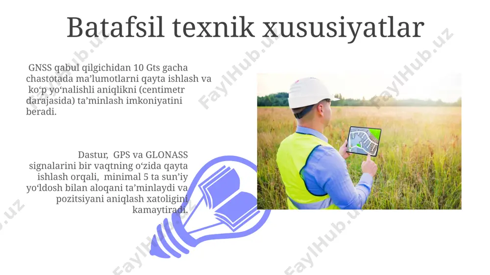 lovalar va xizmatlar bilan baham ko'rish imkonini beruvchi, aniq ruxsatlar tizimiga ega bo'lib, maxfiylikni himoya qiladi. koordinatalarni aniqlash aniqligi ko'p yo'ldoshli qabul qilish (masalan, gps va glonass birgalikda ishlatilganda) koordinatalar aniqligini 1-2 metrgacha oshirishi mumkin, bu esa bitta tizimdan foydalanganda olingan 4-5 metrlik aniqlikdan ancha yaxshiroqdir. atmosfera ta'siri (ionosfera va troposfera) koordinatalar aniqligiga sezilarli ta'sir ko'rsatishi mumkin, xatolikni 5 metrgacha va undan ko'proqqa oshirishi mumkin, shuning uchun aniqlikni oshirish uchun differentsial gps texnologiyalari qo'llaniladi. dasturlarni tanlash mezonlari ko'p formatdagi fayllarni qo'llab-quvvatlash (nmea, rinex va boshqalar) va kamida 50 ta turli gps/glonass satellit tizimlarining ma'lumotlarini qayta ishlash qobiliyati talab etiladi. dasturning aniqligi va ishonchliligi muhim omil hisoblanadi, masalan, 1 sm dan kam xatolikka ega bo'lgan gps/glonass qabul qilgichlari bilan ishlash imkoniyati kerak. yuqori chastotali ma'lumotlarni qayta ishlash tezligi ham muhimdir. dasturlar interfeysi va foydalanuvchi tajribasi 01 02 dasturning ishlashi yuqori aniqlikdagi (1 sm gacha) gps/glonass maʼlumotlarini koʻrsatish orqali 99% ishonchlilik darajasini …