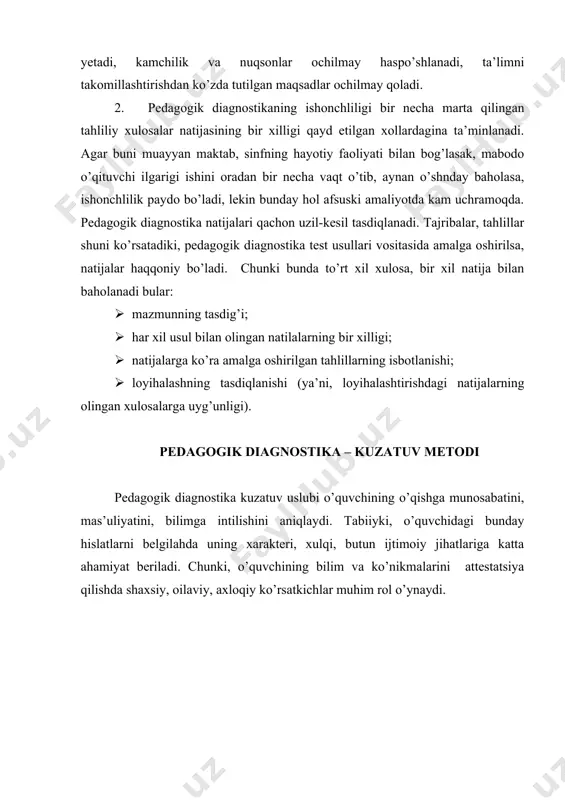 zaro hamkorlikka moillik 1 2 3 4 5 --------bo’sh------------------------------o’rta--------------------------------kuchli-------- shuning uchun ham maktab o’quvchilarining koeffitsiyenti bola olgan bilimlari bilan belgilanadi. past ko’rsatkich olgan o’quvchiga ko’proq e’tibor berish lozim. lekin, asosiy e’tibor yaxshi va a’lochi o’quvchiga qaratiladi. ustiga ustak o’quvchi13-15 yoshida o’ziga katalardek muomala qalishni talab etadi. lekin, o’qituvchilarning ayrimlari boladagi bunday psixologik kaffiyatlarni hisobga olmay, unga bola sub’yekt sifatida qaraydilar. aynan mana shu sababli o’qituvchi va o’quvchi o’rtasida ixtilof kelib chiqadi. pedagogik diagnostikada so’roqlash metodi mazkur uslub pedagogik diagnostikada qadim-qadimdan qo’llanib kelinadi. u deyarli o’qish o’qitish jarayoni boshlangandan bo’yon mavjud. agar diagnostikaning kuzatish usulida bolaning axloqiy-ma’naviy tamoyillari, qiziqishi, munosabati, fikrlash doirasi o’rganilgan bo’lsa, suhbat. savol-javob ko’proq axborot to’plash imkoniyatini beradi. bunda u yoki bu shaxs to’g’risida ob’yektiv yoki sub’yektiv ma’lumot olish imkoniyati mavjud. axborot – og’zaki, yozma, standartlashtirilgan, yakka, guruhlarga bo’lingan hoilda bir yoki bir necha bor so’rash asosida to’planadi. pedagogik diagnostikaning test metodi odatda tekshiruvchi tomonidan amalga oshirilgan barcha …