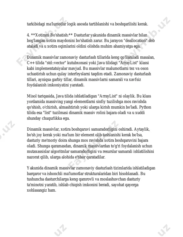 uchun asosiy e'tibor qaratilishi kerak bo'lgan narsa – ushbu jarayonlar fon xotira vaqti va qobiliyatlaridan qanday foydalanishini tushunishdir. python dasturlash tili bo'yicha esa `list` obyekti dinamik massiv sifatida ishlaydi. python uchun ham xuddi javada bo‘lgani kabi sxema bo‘yicha massivlar hajmi oshiriladi. masalan, pythonning qayta o'sish tizimi odatiy holatda belgilangan hajm tugaganda mavjud hajmning 1.125 (1/8) qismi hisobida o'sirilishi mumkin. shu sababli, python list tuzilmasi ma'lumotlarga qo'shimcha kiritish va qaytarish operatsiyalarida yengilroq va qulayroq bo'ladi. dinamik massivlar ma'lumotlarni saqlash va ularga tez kirish imkoniyatini ta'minlash sifatida keng qo'llaniladi. ular, ayni paytda massivdan ma'lumot olib tashlash yoki ularni kiritish zarur bo‘lib turganda juda mos keladi. xususan, katta hajmdagi ma'lumotlar bilan ishlashda, massivning ortiqcha hajm yoki kamlik muammosi mavjud. ko‘rinib turibdiki, turli dasturlash tillarida turlicha, ammo mohiyatiga ko‘ra o‘xshash dinamik massivlar tushunchasi mavjud. dasturchilar uchun eng muhim vazifalardan biri – yangi elementlar kiritilganda yoki mavjudlari olib tashlanganda, sig‘imni qanday boshqarishni bilishdir, sababi, bu …