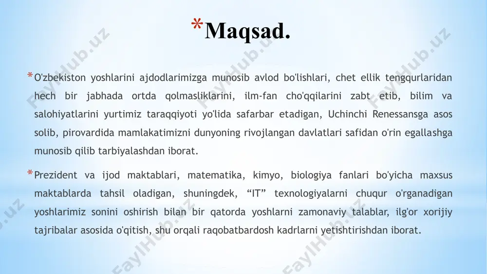am muhimdir. shuningdek yoshlarimizni oʻzbekiston taraqqiyotining yangi bosqichi talablari negizida tarbiyalash, ularni mustaqil kasbiy ma’naviy hayotga tayyorlash – ta’lim-tarbiya muassasalarining barcha boʻgʻinlarida faoliyat koʻrsatuvchi oʻqituvchi, ustoz va murabbiylarning faoliyatiga bogʻliqdir. maktab sharoitida о‘qituvchi-ustozlarning shirin sо‘zi, bolaga nisbatan kamtarona muomalasi, hamisha bolani о‘ziga yaqin olib, о‘z vaqtida tо‘g‘ri maslahatlar berib borishlari, bola qalbiga yо‘l topish muhim omili hisoblanadi. xulosa 10 chora-tadbir namunasi t/r muammo amalga oshirish mexanizmi mas’ullar muddati natija 1 ota-onalarning farzand tarbiyasiga befarqligi, mahalla faollarining maktabdagi tarbiya va davomat masalasiga e’tiborsizligi 1. yoshlar tarbiyasi yoʻnalishlarida mahalla mas’ullari, maktab ta’limida yoshlar bilan bevosita yaqindan ishlashadigan sinf rahbarlari, ota-onalar va kuzatuv kengashilari, ustoz-shogird tizimi, xotin-qizlar qoʻmitasi va mahalla yoshlar ittifoqining hamkorligini kuchaytirish. maktab direktori, o’ibdo’, mmibdo’ o‘quv yili davomida bugungi murakkab va tahlikali zamonda yoshlarimiz ma’naviyatini yot gʻoyalardan himoya qilish, azaliy milliy qadriyatlarimizni saqlab qolib, rivojlantirish, ularni vatanimizga, milliy gʻoyamizga sadoqat ruhida tarbiyalashga erishiladi. 2. ta’lim muassasalarida turli xil ma’naviy-marifiy tadbirlar …