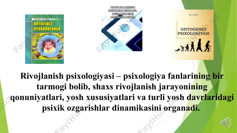 olgan jarayonlarning rivojlanishi ihtiyoriy bo`lib ana shu omil bilan o`zaro bogliqdir. (v.shtern) biogenetik qonun—organizmlarning individual taraqqiyoti (ontogenezi) va tarixiy taraqqiyoti (filogenezi) oʻrtasidagi munosabatlarni ifodalovchi tushunchalar majmui. sosiogenetik sotsiogenetik nazariyaga binoan, shaxsda ro’y beradigan o’zgarishlar jamiyatning tuzilishi, ijtimoiylashish (sotsializatsiya) usullari, uni qurshab turgan odamlar bilan o’zaro munosabati vositalaridan kelib chiqqan holda tushuntiriladi. ijtimoiylashuv nazariyasiga ko’ra, inson biologik tur sifatida tug’ilib, hayotda ijtimoiy shart-sharoitlarning bevosita ta’siri ostida shaxsga aylanadi. psixogenetik ushbu nazariyaga ko`ra psixik jarayonlar taraqqiyotini birinchi darajali ahamiyatga ega deb hisoblaydi. (e.erikson) psixoanalitik ushbu nazariyaga ko`ra shaxsning barcha hatti-harakatlari ongsiz biologik mayllar yoki instinktlardan kelib chiqadi. z. freyd(1856-1939y) freyd isterik bemorlar duch keladigan muammolar esga olinmaydigan bolalikdagi og'riqli tajribalar bilan bog'liq bo'lishi mumkin degan nazariyani ilgari surdi. ushbu yo'qolgan xotiralarning ta'siri bemorlarning his-tuyg'ularini, fikrlari va xatti-harakatlarini shakllantirdi. ushbu tadqiqotlar psixoanalitik nazariyaning rivojlanishiga hissa qo'shdi. nazorat savollar: rivojlanish psixoligiyasining fan sifatidagi ta'rifi rivojlanish psixoligiyasining nazariy va amaliy vazifalari rivojlanish psixologiyasining predmeti “ontogenez” …