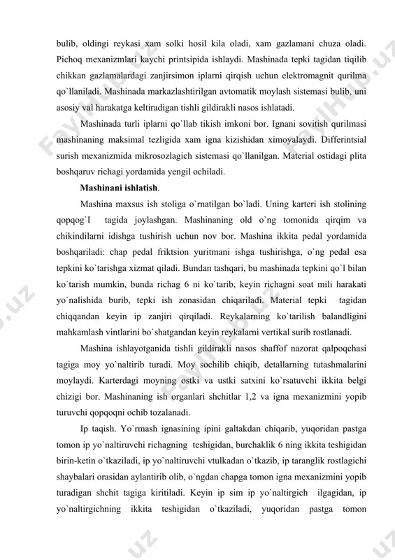 a ip yo`naltiruvchi teshikdan utkazib, taranglik rostlagichi shaybalari ning orasidan aylantirib, pastga tomon ip yo`naltiruvchi teshikga, o`ngdan chapga ip yo`naltiruvchi halqasidan o`tkaziladi, keyin yuqoridan pastga tomon ip yo`naltiruvchi choklash ignasi kuziga taqiladi. chap chalishtirgich ipini galtakdan richag, burchaklik 6 teshiklaridan o`tkazib, yuqoridan pastga tomon ip yo`naltiruvchi vtulkaga, ip yo`naltiruvchi teshikga kiritib, taranglik rostlagichi shaybalari orasidan aylantirib, ip yo`naltiruvchi teshikdan, keyin ip yo`naltiruvchi vtulkadan o`tkaziladi va ip yo`naltirgich teshigiga kiritiladi, o`ngdan chapga tomon ip yo`naltirgich teshigiga va pastdan yuqori tomon ip uzatgich teshiklaridan o`tkaziladi. maxovik g`ildirakni burab, chap chalishtirgichni chap chekka holatga keltirib, ipni pintset yordamida chalishtirgichning uchta teshigiga taqiladi. o`ng chalishtirgich ipi bobinadan ortdan oldinga tomon richaglar va 5 ning teshigidan o`tkaziladi, burchaklikning ikkita teshigidan o`tkazilib, yuqoridan pastga tomon ip yo`naltiruvchi vtulkadan o`tkazilib, ip yo`naltiruvchi teshikga kiritiladi, taranglik rostlagichi shaybalari orasidan aylantirib, ip yo`naltiruvchi teshikga kiritiladi. keyin ip ip yo`naltiruvchi vtulkadan, ip yo`naltirgichning teshigidan o`tkaziladi, o`ngdan chapga tomon ip yo`naltirgichning …
