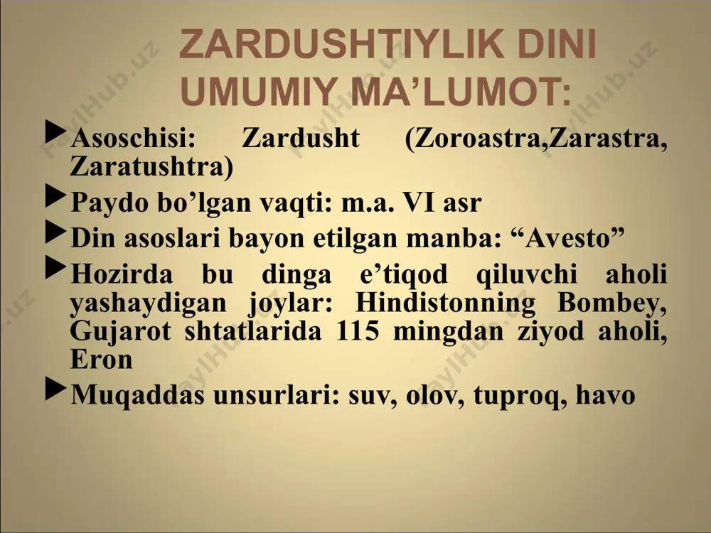 el “osiyoning barcha farzandlari ichidan g’arb birinchi o’rinda zardushtni o’ziga ma’naviy ustoz qilib tanladi. uning g’oyalari iso masih ta’limotidan ilgari yunonishtonni boyitgan edi. zardushtni platon ham bilar edi. budda va konfutsiylarning ovozlari yevropaga yetib kelishi uchun ko’p vaqtlar kerak bo’ldi . shu sababli zardusht g’arbda qadim osiyoning yagona donishmandi bo’lib qoldi“. jan dyushe zardushtning hayoti taxminan mil.av. vi asrning birinchi yarmiga to’g’ri keladi. otasining ismi porushasp, onasining ismi dug’dova edi.zardushtning tarixiy shaxs ekanligi fanda hali ham tortuvshuvli masala bo’lib qolmaoqda. u zardushtiylikning muqaddas kitobi “avesto”ning eng qadimiy qismi “got”ni ijod etgan.zardushtiylik o’z ta’limotini sharqiy eron va o’rta osiyoda targ’ib etgan, deb taxmin qilinadi. sharq rivoyatlariga ko’ra, zardushtbaqtriyada shoh vishtaspa davrida yashagan, yangi diniy ta’limotni targ’ib qilgan, vishatspa birinchi bo’lib uning ta’limotini qabul qildi. “avesto”ning keyinroq yozilgan boblarida zardushtning shaytonlarga qarshi so'zi, mo’jizalar bilangina emas, qurol bilan ham jang qilgan afsonaviy kurashchi sifatida tasvirlangan. olimlarning aniqlashicha, jannatdagi hurlar to’g’risidagi rivoyatlar “avesto” …