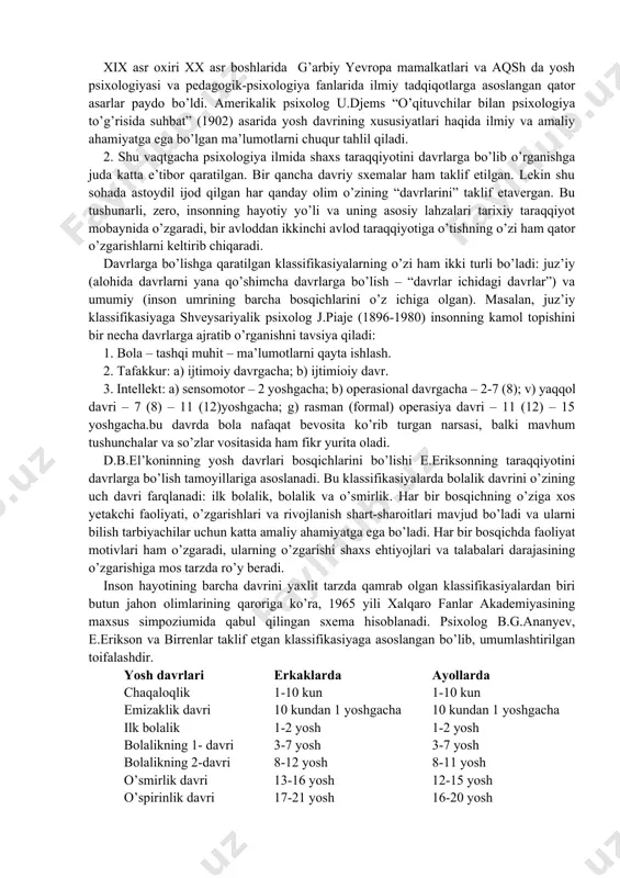b, gulxaniy, nodira, uvaysiy, muqumiy, furqat, bedil, zavqiy, hamza, avloniy va boshqalarning yoshlar tarbiyasiga, axloq-odob, fe’l-atvori, oilaviy hayot masalalariga, shaxslararo munosabatlarga doir qarashlari ham turli janrlardagi asarlarda ravon va ixcham bayon qilib berilgan. rossiyada ilmiy psixologiyani rivojlantirishda k.d.ushinskiy, n.f.kapterev, i.a.sikorskiy, a.p.nachayev, a.f.lazurskiy, p.f.lesgaft kabi olimlar katta hissa qo’shganlar. k.d.ushinskiyning “inson tarbiya predmeti”, n.f.kapterevning “pedagogik psixologiya”, i.a.sikorskiyning “bola ruhi”, a.p.nechayevning “hozirgi zamon eksperimental psixologiyasi va uning maktab ta’limiga munosabati” va boshqa ko’pgina asarlarda psixologik ilmiy tadqiqotni jadallashtirishgaxizmat qiladi. xix asr oxiri xx asr boshlarida g’arbiy yevropa mamalkatlari va aqsh da yosh psixologiyasi va pedagogik-psixologiya fanlarida ilmiy tadqiqotlarga asoslangan qator asarlar paydo bo’ldi. amerikalik psixolog u.djems “o’qituvchilar bilan psixologiya to’g’risida suhbat” (1902) asarida yosh davrining xususiyatlari haqida ilmiy va amaliy ahamiyatga ega bo’lgan ma’lumotlarni chuqur tahlil qiladi. 2. shu vaqtgacha psixologiya ilmida shaxs taraqqiyotini davrlarga bo’lib o’rganishga juda katta e’tibor qaratilgan. bir qancha davriy sxemalar ham taklif etilgan. lekin shu sohada astoydil …