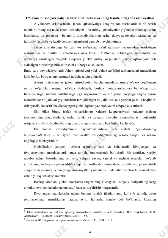 atlar iqtisodiyotlarining o’zaro aloqasi va o’zaro bog’liqligi kuchayishidir. globallashuv jarayoni turlicha qabul qilinadi va baholanadi. rivojlangan va rivojlanayotgan mamlakatlarda unga turlicha munosabatda bo’lishadi. bir tarafdan, xorijiy raqobat uchun bozorlarning ochilishi, xalqaro savdo, kapital va mehnat resurslari ko’chib yurishining kuchayishi jahon ishlab chiqarish omillaridan samaraliroq foydalanish, jahon ishlab chiqarishini oshirish uchun yangi imkoniyatlar yaratadi va unda ishtirok etuvchi mamlakatlar uchun yutuq deb atash mumkin. boshqa tarafdan, global bozorlarda raqobatning kuchayishi, xo’jalik faoliyatining keng erkinlashuvi mamlakatlar uchun xavf-xatarlar tug’dirishi muqarrardir. rivojlangan mamlakatlar uchun buning foydali jihatlari aniq ko’rinib turibdi, biroq rivojlanayotgan mamlakatlar haqida, ayrim hollarda, bunday deb bo’lmaydi. ularning ko’pchiligi baynalminallashuvda xomashyo va mehnat resurslari yetkazib beruvchilar sifatida ishtirok etib, rivojlangan va qudratliroq davlatlarga qaram bo’lib qolishini e‘tirof etish mumkin. sobiq aqsh prezidenti b.klinton huzurida iqtisodiy maslahatchilar guruhiga rahbarlik qilgan j.stiglits iqtisodiy siyosat xususiyatlarini ta‘riflayotib, davlat va bozor munosabatlar o’zaro hamkorlikka qaratilgan bo’lishi kerakligini hamda davlat bozordagi muvaffaqiyatsizliklarni yumshatishda va ijtimoiy adolatni …
