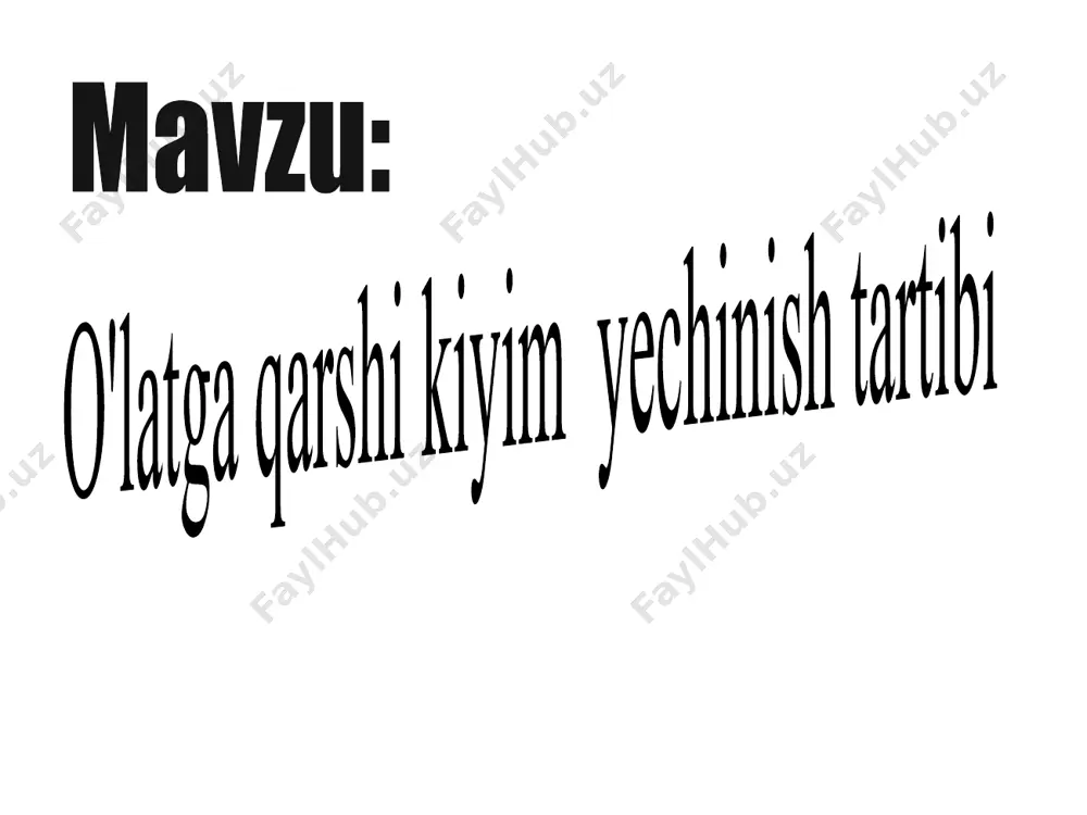 va dezeritmali metallik bakkaga joylashtiriladi. 18. qo'llarga ishlov berilgandan so'ng ro'mol yechiladi, dastlab tugunlari ochiladi. 19. ro'mol oxirlari qo'lga yig'iladi va … 20. … ro'mol asta–sekin tashqi tomoni ichkariga qilib aylantiriladi 21. yuz sohasiga tegmasligini ta`minlash maqsadida ro'mol ensa sohasida aylantirilgan holda yig'iladi,. 22. asta –sekin qo'lqoplar yechiladi (ikkalasini bir vaqtda). 23. qo’lqoplarni yechishda ular o’giriladi. 24. qo’lqop yechilgandan so’ng ular dezeritmaga soliunadi. 25. qo'lqoplar dezeritma bilan to'ldiriladi. 26. qo'qoplar bevosita dezeritma bilan to'ldirilib, ularning butunligi tekshiriladi. 27. ikkilamchi ishlov berilgandan so'ng etiklar qo'l ishtirokisiz yechiladi. 28. etiklar yechilgandan so'ng mutaxassis ish kiyimida bo'la turib (pijamada) boks oldi xonasidan «toza» xonaga o'tadi. 29. etiklar yechishning ketma – ketligi 30. qo'llar 70 % spirt bilan ishlov beriladi, iliq suvda sovun bilan yuviladi. image1.jpeg image2.png image3.jpeg image4.png image5.jpeg image6.png image7.jpeg image8.png image9.jpeg image10.png image11.jpeg image12.png image13.jpeg image14.png image15.jpeg image16.png image17.jpeg image18.png image19.jpeg image20.png image21.png image22.jpeg image23.png image24.png image25.png image26.jpeg image27.png image28.jpeg image29.png …