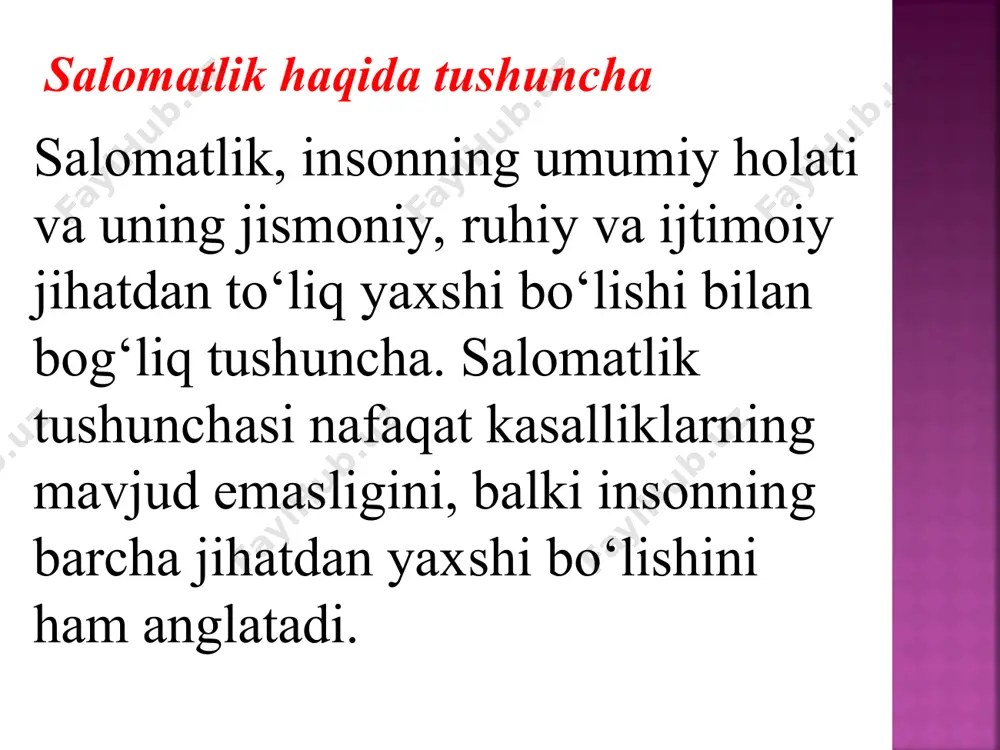 h: dam olish vaqtlarini belgilash va stressni boshqarish strategiyalarini qo‘llash. kasal organizm – bu jismoniy yoki ruhiy salomatlikda muammolar mavjud bo‘lgan holat. kasallik yoki noqulaylikning turiga qarab, organizmning ishlashida cheklovlar yoki buzilishlar yuz beradi. kasal organizmda ko‘plab omillar va tizimlar ta'sir ko‘rsatadi, shu jumladan infektsiyalar, genetik xususiyatlar, atrof-muhit sharoitlari, turmush tarzidagi o‘zgarishlar va boshqalar. kasalik tushunchasi: infektsion kasalliklar: bakteriya, virus, zamburug‘ yoki parazitlar sababli yuzaga keladi. misollar: gripp, tuberkulyoz, covid-19. noinfektsion kasalliklar: bular genetik, muhit, yoki turmush tarzidan kelib chiqadigan kasalliklar. misollar: diabet, yurak kasalliklari, saraton. ruhiy kasalliklar: ruhiy va emotsional holatlarning buzilishi. misollar: depressiya, ansiyete buzilishi, schizofreniya. kasalliklarning kelib chiqishi biologik omillar: genetik: ko‘plab kasalliklar genetik o‘zgarishlar yoki mutatsiyalar kasallik rivojlanishida muhim rol o‘ynashi mumkin. masalan, qandli diabet, yurak-qon tomir kasalliklari infektsion: viruslar, bakteriyalar, zamburug‘lar yoki parazitlar tomonidan sabab bo‘ladigan kasalliklar. misol uchun, gripp, tuberkulyoz yoki malyariya. immunologik: immun tizimining buzilishi yoki muammolari ko‘plab kasalliklarni keltirib chiqarishi mumkin, masalan, …