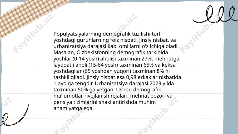 millar orasida tabiiy tanlanish, genetik drift, migratsiya va mutatsiyalar katta rol o‘ynaydi. tabiiy tanlanish populyatsiya ichidagi muvofiq genotiplar sonini oshirsa, genetik drift kichik populyatsiyalarda allel chastotalarini tasodifan o‘zgartiradi. migratsiya gen oqimi orqali allel xilma-xilligini oshirishi yoki kamaytirishi mumkin. mutatsiyalar esa yangi genetik o‘zgarishlar manbai bo‘lib xizmat qiladi. bu omillar birgalikda populatsiyaning genetik xilma-xilligini aniqlaydi. shuningdek, inbriding va selektiv juftlashish ham genetik strukturaning shakllanishiga ta'sir ko‘rsatadi. bu jarayonlar populyatsiyalarda evolyutsion o‘zgarishlarga sabab bo‘ladi. ... t.me/slaydai_bot 9. odam populyatsiyalarida irsiylanish: inson populyatsiyalarida genetik xilma-xillikni aniqlash uchun turli genetik markerlardan foydalaniladi. inson genomida taxminan 25,000 gen mavjud bo‘lib, ularning bir qismi populyatsion irsiylanishga ta'sir qiladi. genetik xilma-xillik tufayli ko'plab populyatsiyalar turli muhit sharoitlariga moslashadi. masalan, afrikada yashovchi populyatsiyalarda genetik xilma-xillik yuqori bo'lib, bu ularning irsiy ustunligini ko‘rsatadi. mitoxondriyal dnk va y xromosoma tahlillari orqali inson populyatsiyalarining evolyutsion tarixi o‘rganiladi. dunyodagi umumiy odam soni 8 milliarddan oshgan, bunda har bir inson genomi takrorlanmas bo‘lgan …