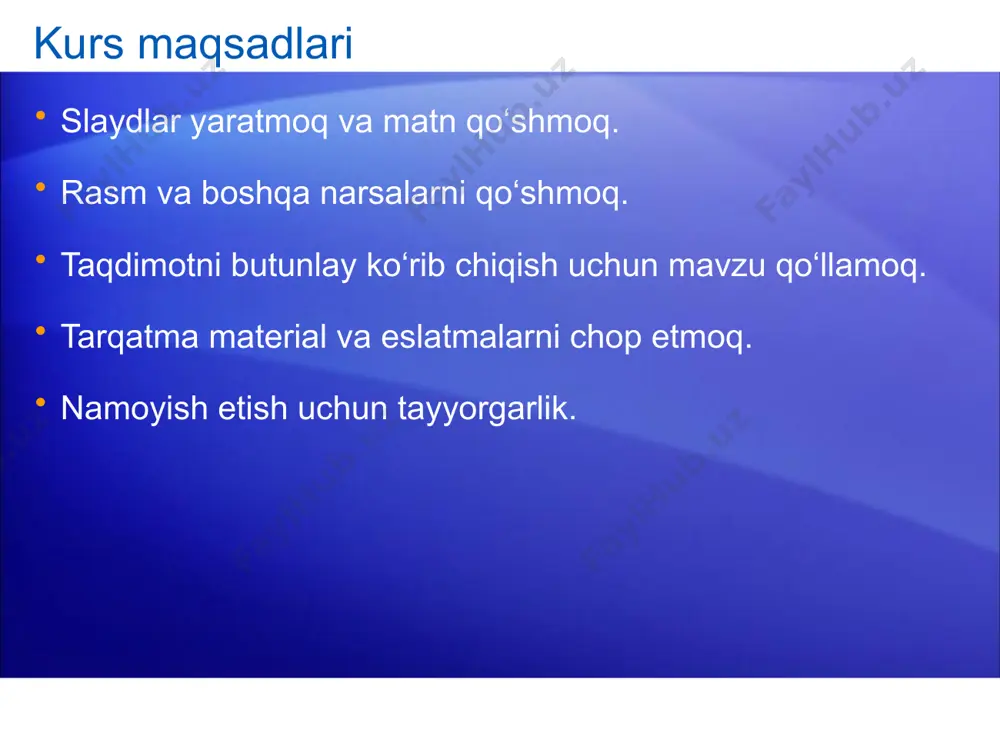 tilgan. slaydda ushbu maket slayd sarlavhasi uchun to‘ldiriladigan soha va yana matn, hamda bir necha ikonachalarga ega ko‘p maqsadli to‘ldiriladigan soha mavjud. sarlavha qo‘shish uchun bosing sarlavha qo‘shish uchun bosing tagsarlavha qo‘shish uchun bosing matn qo‘shish uchun bosing 16 4-izohda ko‘rsatilgan to‘ldiriladigan soha matn yoki diagramma, rasm va film fayllari kabi grafik elementlarni qo‘llab-quvvatlaydi. ba’zi boshqa maketlar ushbu ko‘p maqsadli to‘ldiriladigan sohalardan ikkitasiga ega, shuning uchun ro‘yxatni bittasida, rasm yoki boshqa grafikalarni ikkinchisida joylashtirishingiz mumkin. matn kiritish dastlabki ko‘rilayotgan ko‘p maqsadli to‘ldiriladigan sohada grafik elementlar yoki matnni qo‘shishingiz mumkin. matn haqida: matnning turli darajalarini markerlangan ro‘yxatlar ichida katta punktlar tagida kichik punktlarni yaratish uchun ishlatishingiz mumkin. shrift rangi va o‘lchami kabi belgilar formatini o‘zgartirish uchun tasmadagi “shrift” guruhining buyruqlarini ishlating. matn uchun sukut bo‘yicha formatlash bu markerlangan ro‘yxatdir. uy lorem ipsum dolor sit amet consectetuer adipiscing elit donec euismod mattis augue class aptent taciti sociosqu 17 matn kiritish dastlabki ko‘rilayotgan …