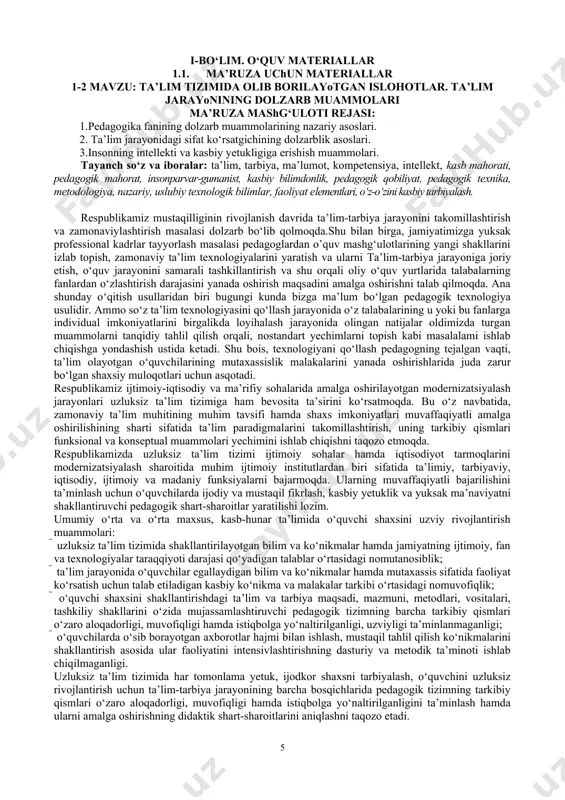 sifatida qaralib, unda o‘quv jarayonining faqat bilish emas, balki o‘zlashtirilgan bilimlarni ijodiy talqin qilishni nazarda tutuvchi rivojlantiruvchi ta’lim g‘oyalari bilan uyg‘unlashgan. bu esa axborot berishga asoslangan o‘qitishdan shaxsga yo‘naltirilgan ta’limga, xotiraga asoslangan o‘qitishdan faol o‘zlashtirishga asoslangan o‘qitishga o‘tilishini belgilab berdi. respublikamizda uzluksiz ta’lim tizimini ishlab chiqishda milliy ta’lim modeli ilmiy yondashuvining o‘ziga xos xususiyati shundaki, uzluksiz ta’lim tizimi yaxlitlik, uzviylik va uzluksizlikda, ya’ni bir butun tizim shaklida qaraladi. uzviylik va uzluksizlik ta’lim sohasidagi davlat siyosatining asosiy tamoyillaridan biri sifatida belgilanib, pedagogika nazariyasida uni ifodalovchi tizimlilik va izchillik ta’limning metodologik asosini tashkil qilishi bilan birga didaktik prinsip sifatida ham alohida qayd etilgan. ta’limning uzviyligi – ta’lim mazmunining tizimliligi, izchilligi va mantiqan bog‘liqligi ta’minlanishini, o‘quvchilar o‘zlashtirgan bilimlarning keyingi bosqichlarda ko‘nikma va malakalarga o‘tishiga asos yaratuvchi, ta’limning har bir bosqichida ma’lum darajada bilim, ko‘nikma va malakalarni shakllantirishni ta’minlashni talab qiluvchi didaktik prinsipdir. uzviylikning mohiyati har bir shaxsga o‘ziga mos bilim olish sharoitlarini yaratib …