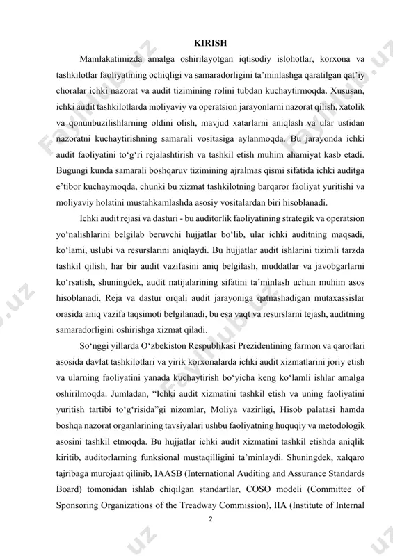 mat qiladi. so‘nggi yillarda o‘zbekiston respublikasi prezidentining farmon va qarorlari asosida davlat tashkilotlari va yirik korxonalarda ichki audit xizmatlarini joriy etish va ularning faoliyatini yanada kuchaytirish bo‘yicha keng ko‘lamli ishlar amalga oshirilmoqda. jumladan, “ichki audit xizmatini tashkil etish va uning faoliyatini yuritish tartibi to‘g‘risida”gi nizomlar, moliya vazirligi, hisob palatasi hamda boshqa nazorat organlarining tavsiyalari ushbu faoliyatning huquqiy va metodologik asosini tashkil etmoqda. bu hujjatlar ichki audit xizmatini tashkil etishda aniqlik kiritib, auditorlarning funksional mustaqilligini ta’minlaydi. shuningdek, xalqaro tajribaga murojaat qilinib, iaasb (international auditing and assurance standards board) tomonidan ishlab chiqilgan standartlar, coso modeli (committee of sponsoring organizations of the treadway commission), iia (institute of internal auditors) tomonidan tavsiya etilgan prinsiplar ichki audit rejasini tuzishda asosiy yo‘riqnoma bo‘lib xizmat qilmoqda. ichki auditning samaradorligi, avvalo, uning to‘g‘ri va asosli rejalashtirilishiga bog‘liq. audit rejasi — bu audit ishlarini yil davomida qanday tartibda, qaysi ob’ektlar bo‘yicha va qanday uslubda olib borilishini belgilovchi asosiy hujjat …