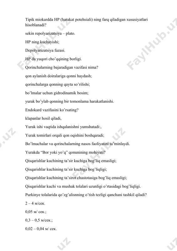 ’ni sekin repolyarizatsiyasiga; tez boshlang’ch depolyarizatsiyaga; depolyarizatsiyaga atrioventrikulyar kechikishning mohiyati nimada? bo’lmalar va qorinchalarning ketma-ket qisqarishlarini ta’minlaydi; yurak bo’limlarining qisqarishlar kuchini boshqaradi; yurakka qon oqimini ta’minlaydi; yurakka ritm beradi. purkinye tolalarida qo’zg’alisnning yuqori tezlik bilan o’tishini ta’minlaydi? qorinchalar miokardi tolalarining sinxron qisqarishi, bo’lmalar va qorinchalarning ketma-ket qisqarishlari; o’ng va chap qorinchalarning ketma-ket qisqarishlari; qorinchalar miokardi tolalarining asinxron qisqarishlari. avtomatizm quyidagilar uchun xos? atipik miokard; tipik miokard; perikard; endokard. yurakning birinchi tartibli ritm boshqaruvchisi hisoblanadi? sinoatrial tugun; giss tutami, purkinye tolalari atrioventrikulyar tugun. yarim oysimon klapanlar qaerda joylashgan? aorta ravogida; kovak venalar ravogida; o’pka venalari ravogida; bo’lmachalar va qorinchalar orasida. katta qon aylanish doirasi qayerdan boshlanadi? aortadan, o’pka stvolidan; ikkita o’pka arteriyalaridan; ikkita kovak venalardan . yurakning uchinchi tartibli ritm boshqaruvchisi hisoblanadi? giss tutami, purkinye tolalari atrioventrikulyar tugun, sinus tuguni kardiomiotsitlar. yurakning ikkinchi tartibli ritm boshqaruvchisi hisoblanadi? atrioventrikulyar tugun, purkinye tolalari sinus tuguni giss tutami . ekg-ni qayd qilishda o’ng qo’lga …