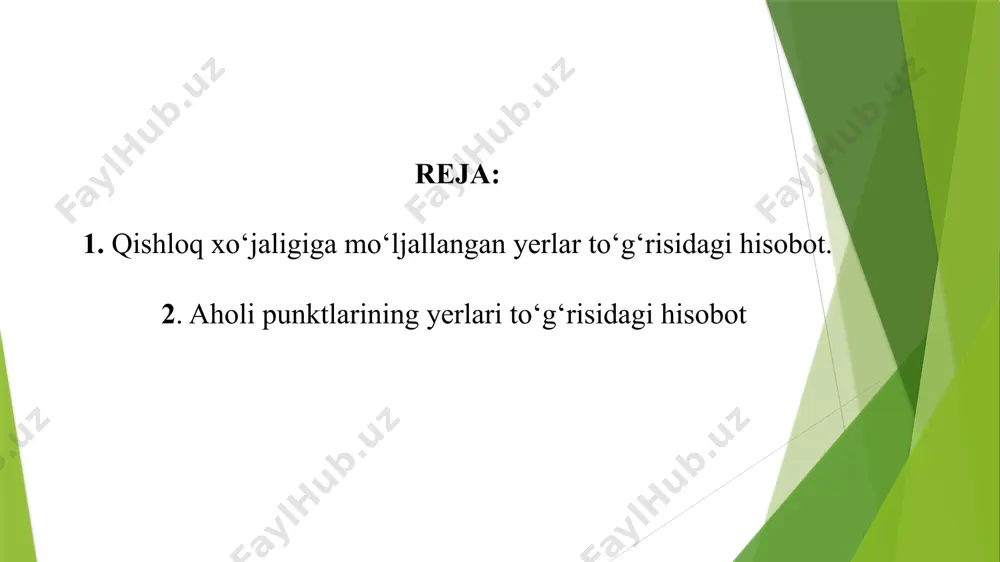 02.2.3 — umumiy foydalanishdagi yerlar. yer fondining boshqa toifalardagi yerlari to‘g‘risidagi hisobot ushbu nizomga 2-ilovadagi 4-shaklga muvofiq quyidagi satrlarda yuritiladi: 1) 03-satr – sanoat, transport, aloqa, mudofaa va boshqa maqsadlarga mo‘ljallangan yerlar: a) 03.1 — sanoat yerlari: 03.1.1 — maxsus iqtisodiy zonalar yerlari; 03.1.2 — kichik sanoat zonalari yerlari; 03.1.3 — yoshlar sanoat va tadbirkorlik zonalari yerlari; 03.1.4 — boshqa sanoat yerlari; b) 03.2 — transport maqsadlariga mo‘ljallangan yerlar: 03.2.1 — temir yo‘llar yerlari; 03.2.2 — avtomobil yo‘llari yerlari; 03.2.3 — quvur transporti yerlari; 03.2.4 — havo transporti yerlari; 03.2.5 — boshqa transport maqsadidagi yerlar; v) 03.3 — aloqa yerlari; g) 03.4 — mudofaa yerlari; d) 03.5 — ijtimoiy soha obyektlari yerlari; e) 03.6 — boshqa maqsadlarga mo‘ljallangan yerlar; 04-satr — tabiatni muhofaza qilish, sog‘lomlashtirish va rekreatsiya maqsadlariga mo‘ljallangan yerlar: a) 04.1 — tabiatni muhofaza qilish maqsadlariga mo‘ljallangan yerlar: 04.1.1 — davlat qo‘riqxonalari yerlari; 04.1.2 — majmua (landshaft) buyurtma qo‘riqxonalari …