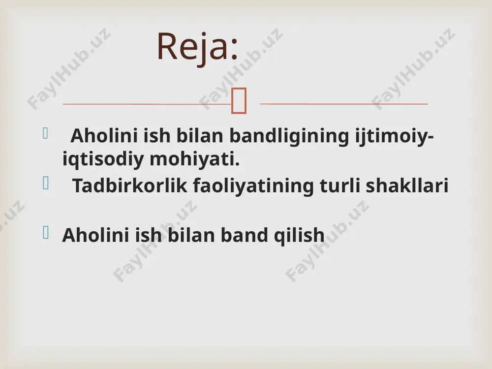cha izchil ijtimoiy-iqtisodiy siyosat olib boradi. chunki ish bilan bandlikni oshirish milliy iqtisodiyotni rivojlantirish, aholi turmush darajasini oshirish va yuksak taraqqiy etgan mamlakatlar qatoriga qo`shilishning muhim omili hisoblanadi. ish bilan bandlik sohasida davlat siyosatining yuritilishi o`zbekistonda amalga oshirilayotgan islohotlarning asosiy ijtimoiy vazifalaridan biridir. image1.png /docprops/thumbnail.jpeg
