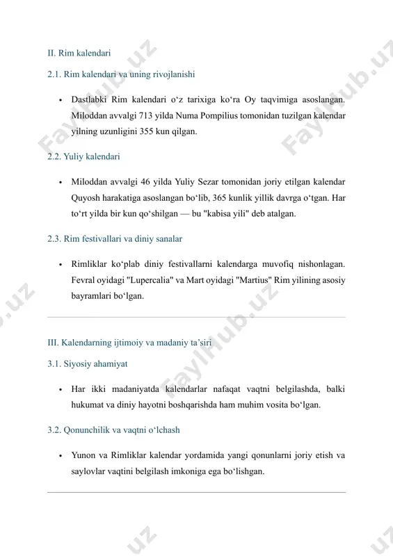 endar yordamida yangi qonunlarni joriy etish va saylovlar vaqtini belgilash imkoniga ega bo‘lishgan. xulosa qadimgi rim va yunon kalendarlari nafaqat vaqtni belgilash tizimlari sifatida, balki ular o‘z tsivilizatsiyalarining madaniy, diniy va ijtimoiy hayotida muhim o‘rin egallagan. ushbu kalendarlar nafaqat o‘sha davr uchun, balki keyingi asrlar davomida ham ilmiy va madaniy rivojlanishga ta’sir ko‘rsatgan. mana shu sxema asosida referat tayyorlab, har bir qismni batafsilroq izohlab chiqish mumkin. agar kerak bo‘lsa, referatni kengaytirib berishim mumkin. 4o you said: kengaytirib dov variantini tashlab ber chatgpt said: chatgpt quyida qadimgi rim va yunoniston kalendarlari mavzusidagi kengaytirilgan referat variantini taqdim qilaman: qadimgi rim va yunoniston kalendarlari kirish qadimgi tsivilizatsiyalar, jumladan, yunoniston va rimning rivojlanishi, bugungi kun madaniyati va ilm-faniga katta ta’sir ko‘rsatgan. ushbu xalqlar kun va vaqtni o‘lchashda o‘ziga xos kalendar tizimlariga ega bo‘lgan. qadimgi kalendarlar asosan oy va quyoshning harakatlariga asoslangan bo‘lib, vaqtni aniqlash va turli festivallarni belgilash uchun muhim vosita hisoblangan. ushbu referat …