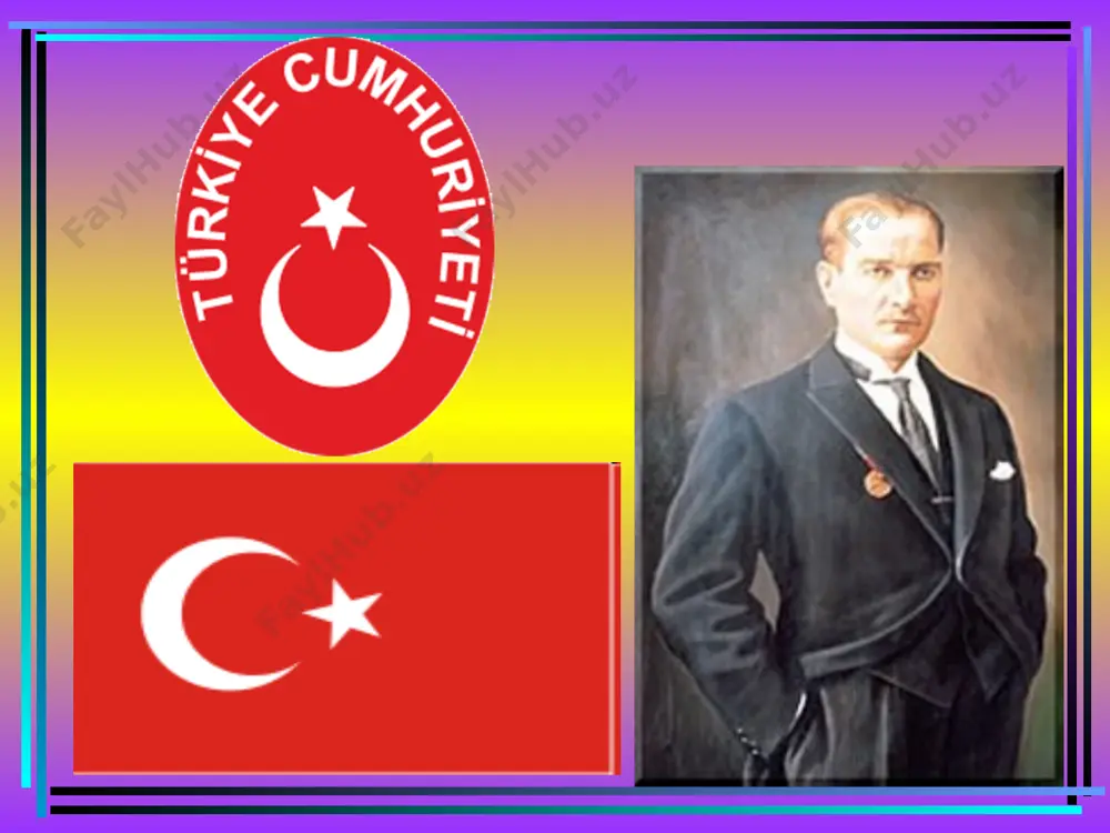 ildagi parlament saylovida “adolat partiyasi”g’alaba qozondi. uning rahbari s.demirel bosh vazir lavozimini egalladi. bu hukumat davrida harbiy xarajatlarning o’sishi budjet taqchilligini ko’paytirib yubordi. 1970-yilda 3,5 mlrd lirani tashkil etdi. davlat qarzi 72mlrd liraga etdi. 1971-yilning 12-martida yana davlat to’ntarishi o’tkazildi. unga k.evrin rahbarlik qildi. 1980-yilda esa hatto prezident saylashga erishimadi ham, yana davlat to’ntarish o’tkazildi. barcha siyosiy partiyalar tarqatilgan, deb e’lon qilindi. ularning rahbarlari 10-yil davomida siyosiy faoliyat bilan shug’ullanishi man etildi. 1983-yil o’tkazilgan parlament saylovida “vatan partiyasi” g’alaba qozondi va t. o’zal bosh vazir lavozimini egalladi. 1989-yilda esa turkiya prezidenti lavozimiga saylandi. 1993-yil t.o’zal vafot etgach, 1991-yil parlament saylovlarida “to’g’ri yo’l” partiyasidan saylangan s. demirel mamlakat prezidentligiga saylandi. turkiya o’rta sharqda iqtisodiy rivojlangan davlatlargan biri. ayni paytda, qudratli zamonaviy armiyaga ham ega. turkiya ozuq-ovqatga bo’lgan ehtiyojni o’zi qoplaydi. mamlakatda turizm rivojlangan. asosiy savdo sheriklari: germaniya aqsh rossiya buyuk britaniya. korxonalarning 70% ga yaqini davlat datatsiyasi hisobiga ishlaydi tashqi savdoda …