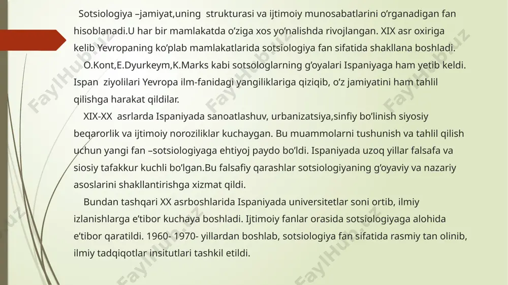 ehnati evaziga yaratilgan imkoniyatlardan foydalanadi,lekin o’zi hissa qo’shmaydi. madaniy inqiroz va demokratik xavf massalar isyoni ortego demokratiyani tanqid qilmaydi, ammo u noto’g’ri tushunilgan demokratiyani xavfli deb hisoblaydi. ya’ni, ko’pchilik(ommaviy odam)fikri asosiy hukum bo’lib qolganda, haqiqiy qadriyatlar yo’qoladi. bu holat esa madaniy inqiozga olib kelishi muqarrar deydi. individuallik va tanlov erkinligi ortego insonni ongli tanlov qiladigan mavjudot sifatida tas- virlaydi. ommaviy odam esa bu mas’uliyatdan qochadi, oqim bilan yashaydi. u jamiyatdagi bu passivlikni ,,insoniy tanazzul’’ deb hisoblaydi. ortego bu asarda faqat ispaniya emas, butun yevropa va zamonaviy jamiyatning holatini tanqid qiladi.asar bugungi kunda ham ommaviy madaniyat, ijtimoiy manipulyatsiya, axborot tarmoq- lar orqali fikr shakllanishi kabi muammolarni tushunishda muhim manba hisoblanadi. ispaniya sotsiologiyasiga katta hissa qo’shgan sotsiologlardan yana biri bu - salvador giner hisoblanadi. u ispan sotsiologiyasining zamonaviy boshqichida ijod qilgan u yozgan asarlar ispan sotsiologiyasi uchun hozirgi kunda asos bo’lib xizmat qilib kelmoqda. salvador giner 1934-yil 10-fevralda ispaniyaning barselona shahrida tug’ildi.maktabni …