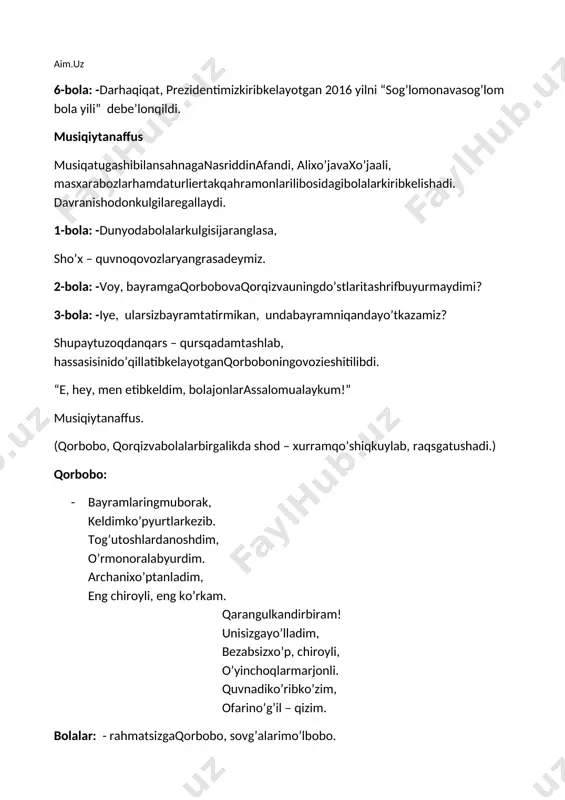 engaydl, jamuljambo’ldik, yovuzlikyengildi. birdamlikinoqlik, do’stlik, donolikvatopqirlikg’alabaqildi. ana shuyaxshifazilatlaryildavomidasizlarnitarketmasin. bolalar: · dillargaorzularurug’insochib, yangiyilimiz ham kiribkelmoqda. istiqlolqasriningeshiginochib, yurakkaajibtuyg’usochmoqda. yangiyilimizdanumidimizko’p, yaxshiniyatimiz – yarimbaxtimiz. ko’nglimizbuloqningsuvidekshaffof, ijobatbo’lg’usiezguahdimiz. xushkelding, mustaqilyurtimizuzra, tarixdabo’libqolyillarningguli. zaldatamoshabinlarjoylaridanturib, sahnaishtirokchilarigajo’rbo’lib “prezidentarchasi” qo’shig’iniaytadilar. image1.png image2.jpeg image3.wmf