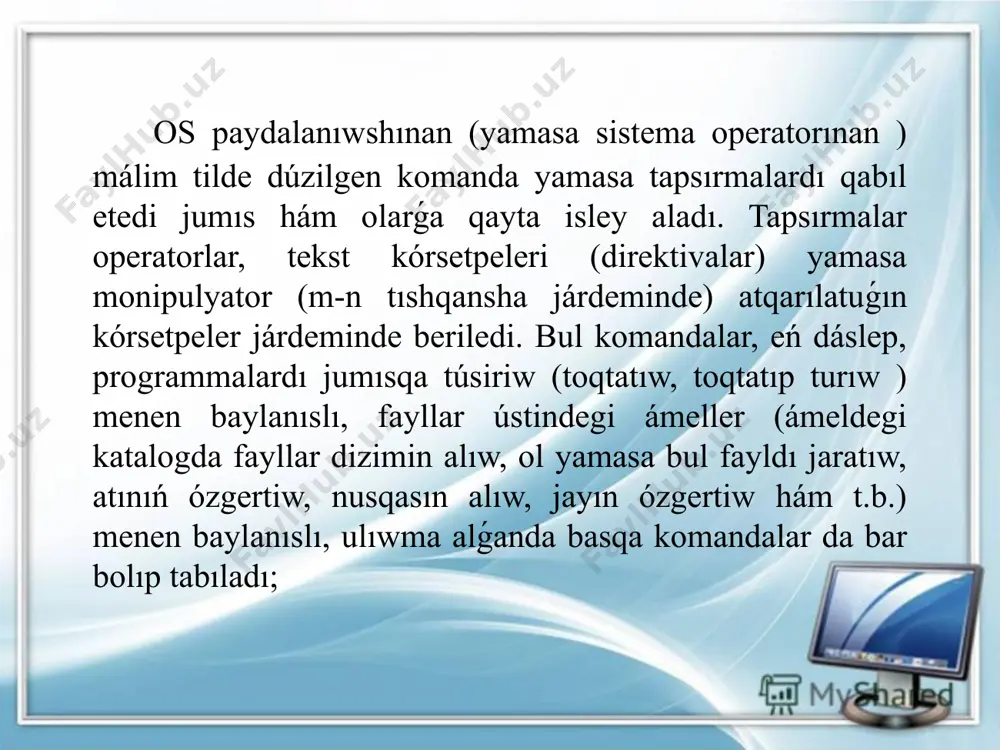 iw múmkin. diagnostik utilitni jumısqa túsiriw ushın kompyuter disktan yamasa qattı disktan júkleniw kerek. diagnostik programmalar óz jumısın orınlaw ushın jumıs waqtındaǵı kompyuterdi tekseriw kerek. shunung ushın kompyuterdi tekkis islewin teksermoqchi bolsańız, onı 1 táwlikke isletip qoying. lekin, bul usılda da kemshilikler bar. diagnostik programmalar kompyuterdi paydalanıwshına qaraǵanda talay uzaq hám tereń dárejede tekseriwi múmkin, lekin, olar onıń jumısından paydalanmaydı ; tiykarǵı mashqala da sonnan ibarat qurılma támiynatı. esaplaw sistemalarınıń apparat támiynatı quramına, apparat konfiguratsiyani quraytuǵın qurılma hám ásbaplar kiredi. zamanagóy kompyuter hám esaplaw kompleks (kompleks) lari blok -modullı konstruktsiya (dúzılıw ) den ibarat. málim islerdi orınlawǵa zárúr bolǵan apparat konfiguratsiyani tayın blok hám bólimlerden jıynap alıw múmkin. programmalıq támiynat. programma - buyrıqlardıń tártiplengen izbe-izligi bolıp tabıladı. kompyuter ushın dúzilgen hár programma wazıypası - apparat qurallardı basqarıw bolıp tabıladı. birinshi qarawda programmanıń qurılmalar menen xesh qanday baylanıslılıǵı joq sıyaqlı kórinedi, yaǵnıy mısalı, programma kirgiziw qurılmaridan maǵlıwmat kirgiziwdi hám shıǵarıw qurılmalarına …