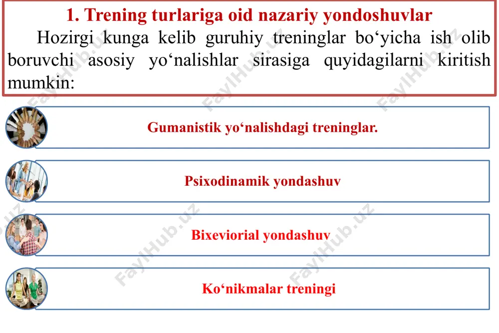 shdan iborat. fahmlash – sodir bo‘layotgan voqea-hodisalarning barchasini mijozning anglashiga yordam berishdan iborat. qayta yo‘naltirish – mijozning oldingi xatti-harakatlari, reaksiya va maqsadlarini konstruktiv yo‘nalishga o‘zgartirishdan iborat. bunday 4 xil ta’sir ko‘rinishlari orqali ishtirokchining hayot ssenariysiga o‘zgartirish kiritish trenerning murakkab ishi natijasidagina amalga oshishi mumkin. mashg‘ulot davomida ishtirokchilarda insaytga ya’ni, haqiqiy xulq-atvor va harakatlarning asl motivlarini anglashga, oydinlashtirishga erishiladi. insayt jarayonining yuzaga kelishini psixodinamik yondashuvning yana bir yo‘nalishi bo‘lgan psixodrammada ko‘rish mumkin. psixodrammaning asosiy g‘oyasi – mijoz uchun og‘riqli va muammoli vaziyatlarni sahnalashtirilgan tomosha sifatida ko‘rsatishdan iborat. hozirgi kunda psixodrammaning yengilroq ko‘rinishi sifatida «rolli o‘yinlar» ham juda mashhur bo‘lib qoldi. bunda ishtirokchilar tugallanmagan ssenariylarda emas, balki psixologik rollarda kichik epizodlarni o‘ynaydilar va o‘zini tekshirib ko‘radilar. bu usul ijtimoiylashuvni chuqurlashtirishga va mukammallashtirishga qaratilgan bo‘lib, ishtirokchilarning qadriyatlari va etnik hissiyotlarini korreksiya qilishga mo‘ljallangandir. bixeviorial yondashuv metodining mohiyati shundan iboratki, inson o‘z tajribasini o‘zgalardan o‘rganish vositasida o‘zgartiradi. ishtirokchining noadekvat xulqini tuzatish uchun uni noeffektiv …