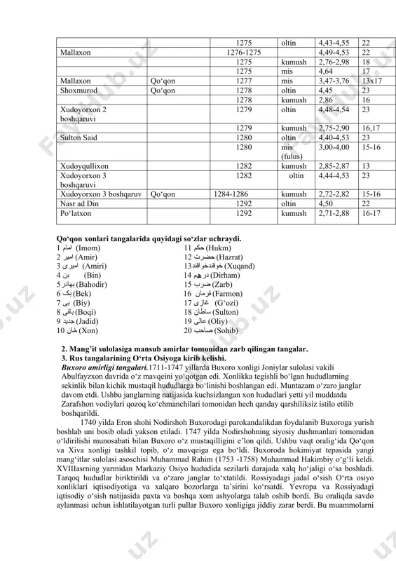 boshida xiva xonligi iqtisodi og‘ir ahvolda bо‘lganligidan pullar yaxshi daftar qog‘ozlariga ham bosib chiqarilavergan. fikrimizcha, xiva xonligidagi iqtisodiy qiyinchiliklarning muhim sabablari – rossiya istilosidan keyin xiva xonligida pul birliklarining qadrsizlanganligi, pul muomalasining majburan о‘zgartirilganligi, oltin va kumush pullarning markazga yig‘ilishi, asossiz pul islohotlari о‘tkazilgani bо‘lgan. shu bilan birga, n. polvonov о‘zining maqolasida xiva xoniga pul zarb qilishning taqiqlanishi va mamlakat hududida turli pul birliklarining muomalada bо‘lganligi ham xonlikning iqtisodiy ahvoliga salbiy ta’sir kо‘rsatganini ta’kidlagan 1914 yildan boshlab rus savdogarlari xivada zarb qilingan tangalarni olmay qо‘yadi. mavjud pullar xalq qо‘lida muomalada ishlatilib kelindi. asfandiyorxon davrida rus podshosi va amaldorlari xiva xonligida bir qancha islohotlar о‘tkazdi. unga kо‘ra xivada muomalada bо‘lgan yuritilayotgan barcha tanga va pullarni yig‘ib olindi. 1918-20 yillarda xonlikda ikki xonlik davri bо‘ldi. bu davrda sayid abdullaxon qо‘g‘irchoq xon edi. aslida hokimiyatni junaidxon boshqarar edi. u о‘z hokimligini xalqqa ma’lum qilish uchun pul ham bostirib chiqardi. uning puli atlasga ishlangan …