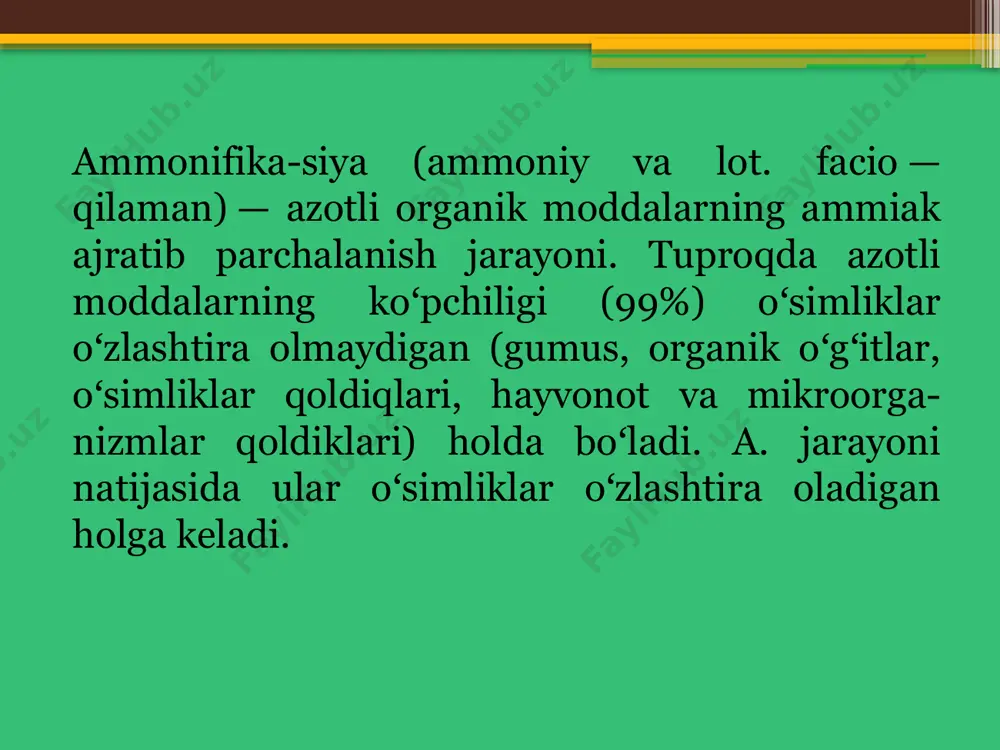 ⁻ → no₃⁻ ga aylanadi. denitrifikatsiya – no₃⁻ yana n₂ gaziga aylanib, atmosferaga chiqadi. 17 18 n2 tibbiyotda suyuq azot ammiak sintezi o'g'it ishlab chiqarish azot kislota sintezi inert muhitni yaratish 19 20 dars uchun rahmat! 21 image2.png image3.jpeg image4.png image5.jpeg /docprops/thumbnail.jpeg