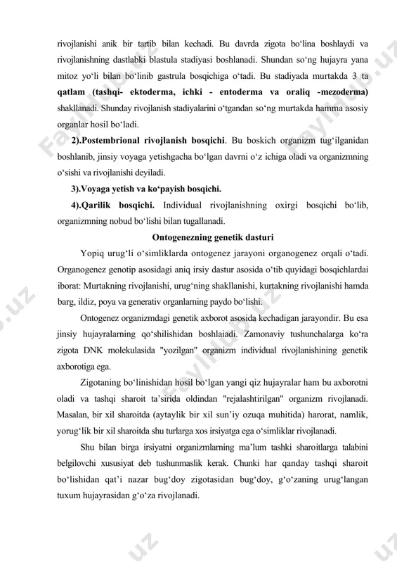 oitlarga talabini belgilovchi xususiyat deb tushunmaslik kerak. chunki har qanday tashqi sharoit bо‘lishidan qat’i nazar bug‘doy zigotasidan bug‘doy, g‘о‘zaning urug‘langan tuxum hujayrasidan g‘о‘za rivojlanadi. ma’lumki begoniya о‘simligini barg tо‘qimalarining kichik tо‘qimasidan kо‘paytirish mumkin yoki tropik kakao о‘simligi tuproqqa tо‘gridan-tо‘gri barglarini ekish bilan kо‘paytiriladi. ajriq yoki g‘umay ildizining kichik bir bо‘ladigan yetuk о‘simlik shakl-lanadi. organizmlarni bunday kо‘paytirish natijasida ulardagi genetik axborot kamaymaydi, hamma undagi genlar saklanib qoladi va ular uchun qulay sharoit yaratilsa har bir hujayradan (qaysi qismidan bо‘lishidan qat’i nazar) yangi organizm rivojlanishi mumkin. bundan shuni xulosa qilish mumkinki, zigotada bо‘lgan genetik axborot о‘simliklarning hamma tо‘qimalari va hujayralarida (ularning funksiyasidan qat’i nazar) saqlanib krladi. lekin shuni ham ta’kidlash lozimki, har bir hujayrada ularnig funksiyasiga qarab alohida genlar ta’sir kо‘rsatadi genlarning differensiatsiyasi va differensial faolligi ba’zi genlar hamma hujayralarda faoliyat kо‘rsatadi. masalan, nafas olish, membranalarning о‘tkazuvchanligini ta’minlovchi, atf sintezi va boshka umumiy xususiyatlarpi boshkaradigan genlar shular jumlasidandir. ba’zi hujayralarda esa genlarning …