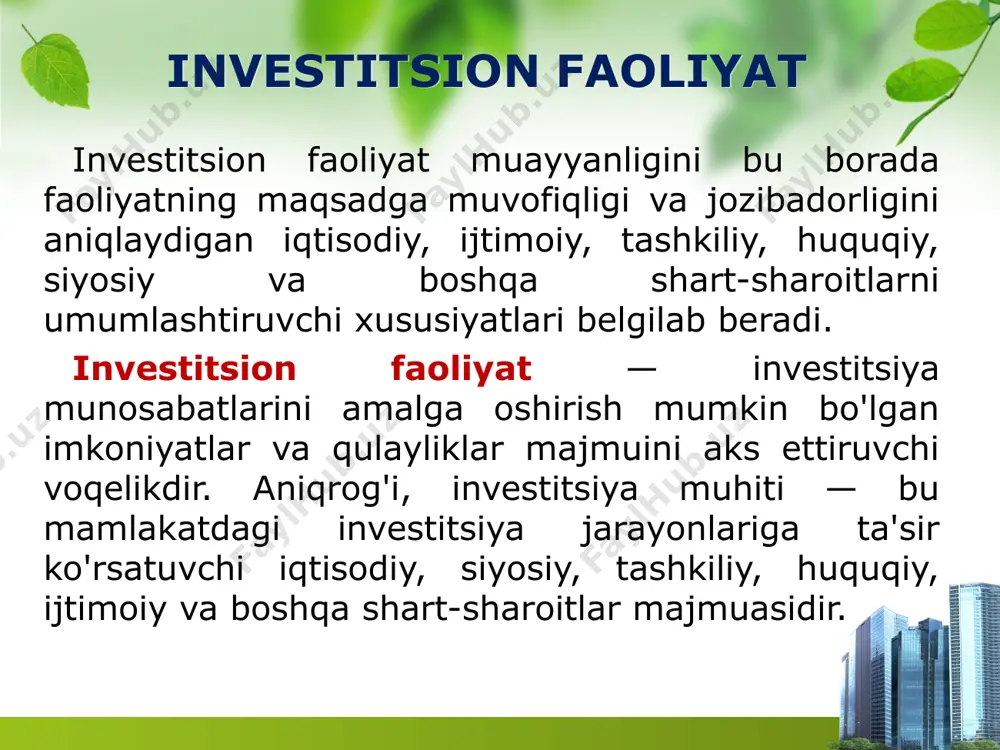 investitsiya muhiti investorning u yoki bu davlat iqtisodiyotiga mablag' sarflashi maqsadida shart-sharoitlarning qulayligini, ya'ni siyosiy, iqtisodiy va ijtimoiy sharoitlarning yaratilganligini o'z ichiga oladi. «har bir mamlakatdagi investitsiya muhiti, birinchi navbatda, uning siyosiy barqarorligidadir. xuddi ana shu omil chet ellik investorlarning boshqa mamlakatga uzoq muddatli shartnomalar asosida resurslarni kiritish imkoniyatini beradi». * investitsion faoliyatga ta'sir etuvchi omillar ishchi kuchi. ko'pincha xorijiy investitsiyalarni kiritishning asosiy sababi qilib qabul qiluvchi mamlakatda ish kuchining arzonligi ko'rsatiladi. lekin investitsiyalarni jalb qilishga savodxonlik, ishchi kuchining malaka darajasi, mehnat qilish etikasi, mehnat unumdorligi darajasi, turli ijtimoiy harakatlarning ishlab chiqarish jarayoniga ta'siri va boshqalar ham o'z ta'sirini ko'rsatadi. banklar va moliya. mamlakatda jahon savdosi va investitsiya sohasida foydalaniladigan barcha moliyaviy instrumentlar mavjudligi ushbu sohadagi xizmatlar sifatini anglatadi. investorlar uchun mamlakatda yetarli miqdorda faoliyat ko'rsatuvchi moliya institutlari va jahondagi yirik banklarga tegishli filiallarning mavjudligi muhim ahamiyat kasb etadi. mamlakatda jahonning yirik savdo va investitsiya kompaniyalari filiallarining faoliyat ko'rsatishi investorlar …