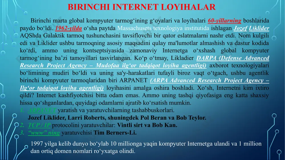 spley (monitor) ekranidagi tasvirni buzadi, hisoblash jarayonini sekinlashtiradi. kompyuter virusi dasturi 20-asr 80-yillarida aqshda paydo boʻldi, keyin dunyoning barcha mamlakatlariga tarqaldi. v i r u s troyanlar (trojan horses) – qadimgi yunonlarning troyaga yurishlari davrida qo‘llagan hiylasi, ya'ni troyaliklarni otga ishqiboz ekanligidan foydalanib, ularga katta yog‘och ot sovg‘a qilishlari va bu otning troyaliklar mag‘lubiyatiga olib kelishi voqeasidan olingan nom. hozirda troya oti iborasi “hosiyatsiz sovg‘a” degan ma'noni bildiradi. kompyuter va internet dunyosida troyanlar “hosiyatsiz dastur” deb nomlanishi maqsadga muvofiq. chuvalchang viruslar (worms) – chuvalchang viruslar o‘z nomiga mos ravishda juda tez o‘z-o‘zidan ko‘payadigan viruslardir. odatda bu viruslar internet yo‘li intranet tarmoqlari orasida tarqaladi. tarqalish usuli sifatida elektron xatlar yoki boshqa tez tarqaluvchi mexanizmlardan foydalanadi. boot sektor viruslari (bootsector viruses) – bu viruslar kompyuterning ishlay boshlashi (загрузка) uchun foydalaniladigan qattiq diskning maxsus qismini ishdan chiqaradi. bu virus kompyuteringizni zararlaganidan keyin, kompyuter ishlamay qolishi mumkin. odatda floppy disklar orqali tarqaladi. makro viruslar …