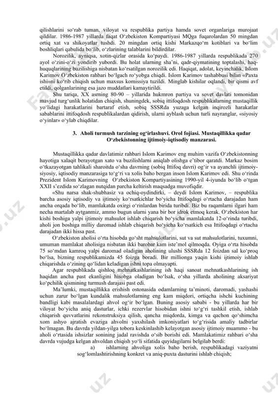 ur “kadrlar desanti”ning faoliyati ko‘plab salbiy holatlarning kelib chiqishiga sabab bo‘ldi. o‘zbekiston kompartiyasi markaziy komitetining ikkinchi kotibligiga anishchev, ministrlar soveti raisining birinchi o‘rinbosari ogarok, oliy sovet prezidiumi raisning o‘rinbosari etib romanovskiy, respublika prokurori etib buturlin, uning o‘rinbosarligiga gaydanov, tergov boshliqligiga laptev, ichki ishlar vazirligiga didorenkolar tayinlandi. toshkent shahri partiya rahbari etib satin qo‘yildi. barcha viloyatlarda ham ahvol shunday bo‘lib, ular respublikadagi hukmronlikni to‘la qo‘lga olgan edilar. bundan ko‘zlangan maqsad jamiyatni sotsialistik asosda isloh qilish, jamiyatning barcha sohalarida to‘la demokratik jarayonlarni boshlash edi. ammo hukumatning olib borgan ichki siyosati va ko‘pmillatli mamlakat fuqarolari qarashlari o‘rtasida o‘ziga xos nomutanosiblik sodir bo‘ldi. xususan 1987-yildagi mavjud siyosiy tuzumni va iqtisodiyotga partiyaviy rahbarlikni saqlab qolgan holda, xo‘jalik mexanizmini isloh qilish yo‘lidagi urunishlar ham samara bermadi. kpss mq ning 1985-yil (aprel) plenumi mamlakatda vujudga kelgan vaziyatni tahlil qilib, sovet jamiyatini “qayta qurish” zarurligi borasida ko‘rsatmalar berdi. plenum ijtimoiy hayotni “demokratlashtirish”, “oshkoralikni joriy qilish”, milliy siyosatni “takomillashtirish”, …