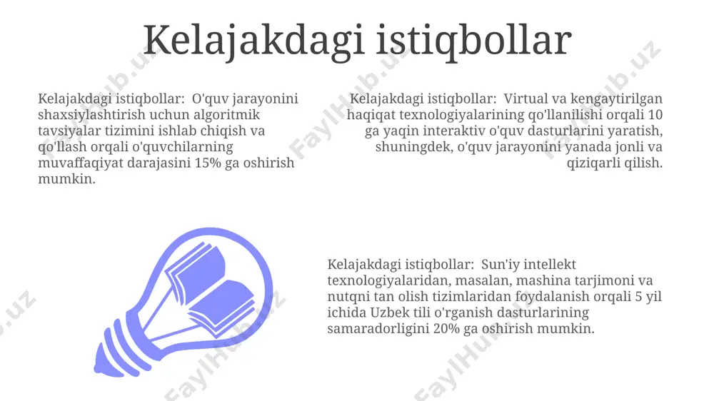 ishni talab qiladi. mavjud 15 ta dasturni tahlil qilish natijasida, o'rtacha 70% foydalanuvchi qoniqishi kuzatildi, bu esa interfeys va o'quv materiallari sifatini yaxshilash zaruratini ko'rsatadi. tadqiqot natijalariga ko'ra, 80% dasturlar leksika va grammatikaga e'tibor qaratgan bo'lsa, nutq va eshitish malakalarini rivojlantirishga 20% dasturlargina alohida e'tibor bergan. e'tiboringiz uchun rahmat @taqdimot_robot image1.jpeg image2.jpeg image3.jpeg