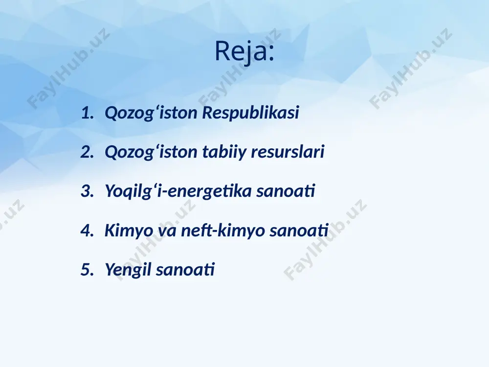 unda 25 mln. boshdan ziyod qo‘y va echkilar bor. qo‘ychiligi, asosan, jun va qorako‘l teri berishga ixtisoslashgan. dehqonchiligi. ekin maydoni 34 mln. ga bo‘lib, 2/3 qismida donli ekinlar (bahorgi bug‘doy, arpa, tariq, makkajo‘xori, sholi), qolgan qismida texnik (paxta, qandlavlagi, kartoshka va yem-xashak) ekinlar ekiladi. qozog‘istonda davlatlararo va rayonlararo yuk tashishda temiryo‘l transportining ahamiyati katta. u barcha ichki rayonlarini bir-birlari bilan bog‘lab turadi. ahamiyatiga ko‘ra avtomobil transporti ham muhimdir. iqtisodiy rivojlanish darajasi va ishlab chiqarish ixtisosiga ko‘ra nisbatan yaxshi (shimoliy, sharqiy va janubiy qozog‘iston) va nisbatan kam o‘zlashtirilgan (g‘arbiy va markaziy qozog‘iston) rayonlari ajralib turadi. image2.jpg image3.jpeg image4.jpeg image5.png image6.jpeg image7.jpeg image8.jpeg image9.jpeg image10.jpeg image11.jpeg image12.jpeg image13.jpeg image14.jpeg image15.jpeg image16.jpeg image17.jpeg image18.jpeg image19.jpeg image20.jpeg image21.jpeg image22.jpeg image23.jpeg image24.jpeg image25.jpeg image26.jpeg image27.jpeg image1.jpg