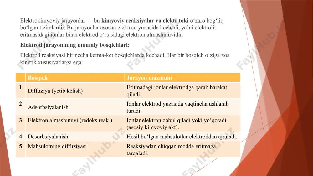 myoviy ekvivalentga teng bo’ladi. faradeyning 2-qonuni: agar turli xil elektrolitlar eritmalari orqali bir xil miqdorda elektr toki o‘tkazilsa , elektrodlarda ajralib chiqadigan moddalarning massa miqdori o‘sha moddalarning kimyo­viy ekvivalentlariga to‘g‘ri proporsional bo’ladi. har qanday moddaning 1 ekvivalent miqdorini hosil qilish uchun bir xil miqdordagi elektr toki miqdorini sarf qilish kerak. bu miqdor tokni faradey soni (f) deb ataladi. faradey soni f elektron zaryadining avogadro soniga ko‘paytmasiga teng: f = na • e =6.02•10-23 • 1.6022 •10-19 kl = 96485 har qanday moddaning bir ekvivalent miqdorini olish uchun eritma yoki suyuqlanma orqali 96485 kl miqdorda elektr tokini o‘tkazish kerak sirka kislotasini ishqor bilan konduktometrik titrlash ushbu tajribada biz kuchsiz kislota – sirka kislotasini kuchli asos – natriy gidroksid (naoh) eritmasi yordamida konduktometrik usulda titrladik. tajriba davomida eritmaning elektr o‘tkazuvchanligini o‘lchab bordik va titrlash jarayonining turning nuqtasini aniqladik. ushbu tajriba orqali biz kuchsiz kislota va kuchli asos o‘rtasidagi neytrallanish reaksiyasini konduktometrik titrlash …