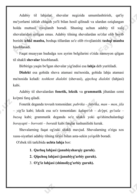 – galdi kabi. hozirgi o'zbek adabiy tili uchun qarluq lahjasiga kiradigan farg'ona-toshkent shevalari, ya'ni toshkent shevasi fonetik tomondan; farg'ona shevasi morfologik tomondan asos qilib olingan. lekin bu qipchoq va o'g'uz lahjasi xususiyatlari adabiy tilda yo'q degani emas. yer yuzida yashayotgan xalqlar to'satdan yoki tasodifan paydo bo'lgan emas. ular turli nomlar bilan hayot so'qmoqlarini bosib o'tishgan. o'zbek qavmlari ham o'z nomiga ega bo'lguncha turli etnik nomlar ostida yashagan. o'zbek qavmlari asrlar osha qadimgi turkiy davrlarda tarixan shakllangan bir guruh qabilalardan tashkil topgan. garchand o'zbek nomi bo'lmasa­da, o'zbek xalqining birinchi qatlami ix­xi asrlarda qoraxoniylar davrida qorluq, chigil, yog'mo qabilalari ittifoqi zaminida hosil bo'lgan. o'zbek tili mustaqil til sifatida xi asrdan boshlab shakllana boshlagan. o'zbek xalqi xx asrning boshlarigacha turk, sart, chig'atoy, o'zbek atamalari bilan nomla-nib kelgan. turk atamasining urug', elat, bahodir, qalpoq, bo'ri, kuchli, qud-ratli, qurolsizlar, dubulg'a ma'nolarida ishlatilgani adabiyotlarda qayd etilgan. turk nomi o'tmishda turkiy tillarning umumiy nomini bildirishi bilan birga …