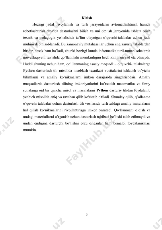 tta qadamlardan edi. bu versiyada eng asosiysi til va interpretatorni rivojlanish jarayoni ochiq ravishda bo`ldi. shunday qilib 1.0 versiyasi 1994-yil chiqarilgan bo`lsa, 2.0 versiyasi 2000-yil, 3.0 versiyasi esa 2008-yil ishlab chiqarildi. hozirgi vaqtda uchinchi versiyasi keng qo`llaniladi. python dasturlash tili imkoniyatlari python vђ“ bu o'rganishga oson va shu bilan birga imkoniyatlari yuqori bo'lgan oz sonlik zamonaviy dasturlash tillari qatoriga kiradi. python yuqori darajadagi ma'lumotlar strukturasi va oddiy lekin samarador obyektga yo'naltirilgan dasturlash uslublarini taqdim etadi. pythonning o'ziga xosligi · oddiy, o'rganishga oson, sodda sintaksisga ega, dasturlashni boshlash uchun qulay, erkin va ochiq kodlik dasturiy ta'minot. · dasturni yozish davomida quyi darajadagi detallarni, misol uchun xotirani boshqarishni hisobga olish shart emas. · ko'plab platformalarda hech qanday o'zgartirishlarsiz ishlay oladi. · interpretatsiya(r�rѕs‚rµsђrїsђrµs‚ryosђsѓrµrјs‹r№) qilinadigan til · kengayishga (r r°sѓs€ryosђsџrµrјs‹r№) moyil til. agar dasturni biror joyini tezroq ishlashini xoxlasak shu qismni c yoki c++ dasturlash tillarida yozib keyin shu qismni python kodi orqali ishga …