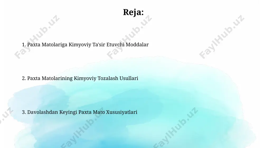 roratda 1-2 soat davom etadi. ферментli oqlash jarayonlari, ph 5-7 oraligʻida va 50-60°s haroratda 30-60 daqiqa davom etib, toʻqimalarga zarar yetkazmasdan, yaxshi oqlik beradi. ekologik jihatdan toza texnologiyalar ekologik boʻyoqlar, masalan, reaktiv boʻyoqlarning yangi avlodi, suv iste’molini 30% ga kamaytirish va chiqindi suvning ifloslanish darajasini 50% ga pasaytirish imkoniyatini beradi. biologik parchalanuvchi yordamchi moddalarni qo'llash, masalan, bio-emulsifikatorlar va bio-fermentlar, suv havzalarining ifloslanishini 80% gacha kamaytirib, ekologik izni sezilarli darajada qisqartiradi. suv oʻtkazmaydigan va dogʻga chidamli qilish suv va dogʻga chidamli xususiyatlarni bir vaqtning oʻzida taʼminlash uchun, ikki bosqichli jarayon qoʻllaniladi: avval suv oʻtkazmaydigan, soʻngra dogʻga chidamli qoplamalar qoʻllaniladi, bu samaradorlikni 85-95% ga oshiradi. suv oʻtkazmaydiganlikni taʼminlash uchun 200-300 gramm/litr konsentratsiyada silikon emulsiyasi qoʻllaniladi, bu mato yuzasida 10-15 mikrometr qalinlikdagi himoya qatlam hosil qiladi. e'tiboringiz uchun rahmat @taqdimot_robot image2.jpg image3.jpg image4.jpg image5.jpg image6.jpg image7.jpg image8.jpg image1.png