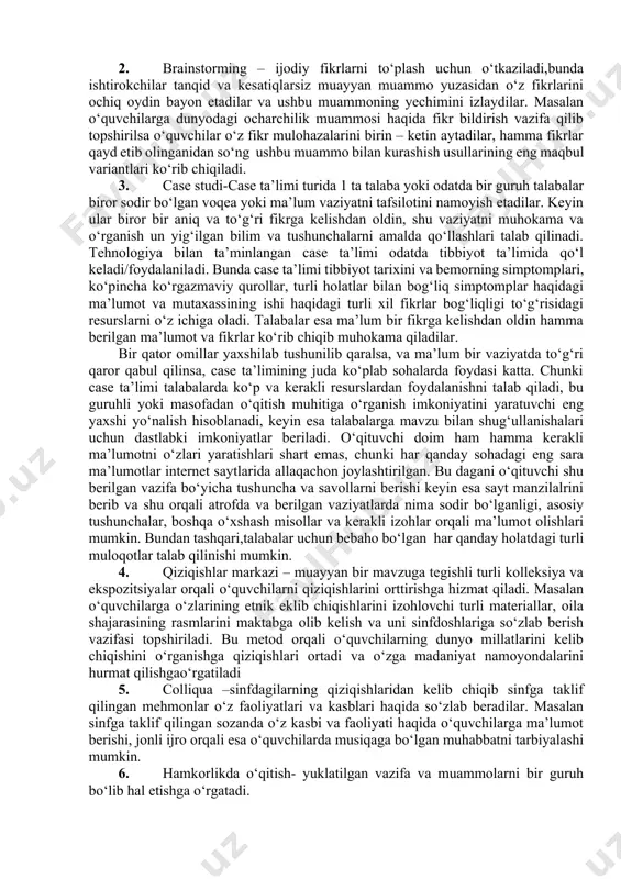 mantiqiy fikrlashini shakllantirish texnologiyasi, o‘quvchilarning aqliy qobiliyatini rivojlantirish texnologiyasi va boshqalar. metodika - qat’iy ketma-ketlikka (algoritmik xarakterga), ilgari o‘rnatilgan reja (qoida), tizimga aniq rioya qilish bo‘lib, biror bir ishni maqsadga muvofiq o‘tkazish metodlari, yo‘llari majmuasi. “metodika” tushunchasi turli fanlarni o‘qitish bilan ham bog‘ liqlikda qo‘llanilib, ma’lum sohani o‘qitish jarayoni, mazmuni, qonuniyatlari, tamoyillari, shakl, metod va vositalari yig‘indisini o‘zida ifoda etadi. “metodika” va “texnologiya” tushunchalarining bahs doirasi bilan ham bog‘liqlikda ayrim farqli jihatlarni ajratib ko‘rsatish mumkin. jumladan, metodik tizim “qanday o‘qitish?”, “nima uchun o‘qitish?”, “nimaga o‘rgatish?” kabi savollarga javob izlaydi, texnologiya esa, “qanday tarzda samarali o‘qitishga erishish mumkin?” degan savolni markazga qo‘yadi. metodika o‘quv jarayoninin qanday tarzda tashkil etish lozimligini nazarda tutsa, texnologiya qay yo‘sinda o‘quv jarayonini eng qulay, maqbul tarzda amalga oshirishga diqqat-e’tiborni qaratadi. 2.zamonaviy didaktikada ta’lim metodlari tasnifiga turlicha yondashuvlar. didaktik tadqiqotlar ko‘rsatadiki, ta’lim metodlari nomenklaturasi (nomlanishi) va tasnifi ularni ishlab chiqishda tanlangan yondashuvga bog‘liq holda juda xilma-xil ekanligi …