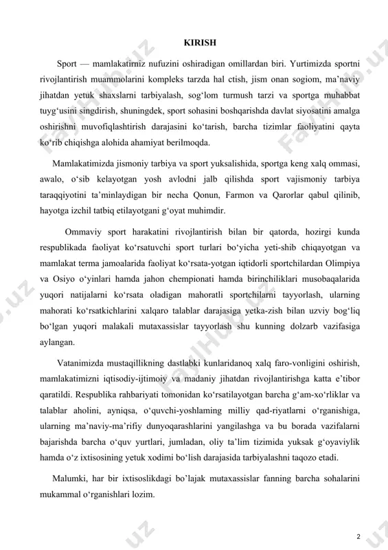 lash shu kunning dolzarb vazifasiga aylangan. vatanimizda mustaqillikning dastlabki kunlaridanoq xalq faro-vonligini oshirish, mamlakatimizni iqtisodiy-ijtimoiy va madaniy jihatdan rivojlantirishga katta e’tibor qaratildi. respublika rahbariyati tomonidan ko‘rsatilayotgan barcha g‘am-xo‘rliklar va talablar aholini, ayniqsa, o‘quvchi-yoshlaming milliy qad-riyatlarni o‘rganishiga, ularning ma’naviy-ma’rifiy dunyoqarashlarini yangilashga va bu borada vazifalarni bajarishda barcha o‘quv yurtlari, jumladan, oliy ta’lim tizimida yuksak g‘oyaviylik hamda o‘z ixtisosining yetuk xodimi bo‘lish darajasida tarbiyalashni taqozo etadi. malumki, har bir ixtisoslikdagi bo’lajak mutaxassislar fanning barcha sohalarini mukammal o‘rganishlari lozim. jismoniy tarbiya va sportning inson salomatligini inustahkamlash va umrini uzaytirishdagi mohiyatlari uzoq yillardan buyon hayotiy tajriba, sinovlardan o‘tib, ilmiy va nazariy jihatdan amalda isbotlan-gan. chunki jismoniy tarbiya va sport insonlarni baquvvat, chidamli, sog‘lom bo‘lishiga ko‘maklashuvchi vosita va tarbiyaviy jarayon. respublikada milliy qadriyatlarni tiklash, ma’naviy va ma’rifiy jihatdan bilimini chuqurlashtirish borasida qator hukumat qarorlari qabul qilindi. jumladan, sharqning ulug‘ allomasi al-termiziy, xalq qahramoni jaloliddin manguberdi, buyuk sarkarda amir temur kabi buyuk shaxslarning hayoti bilan tanishtirish, …