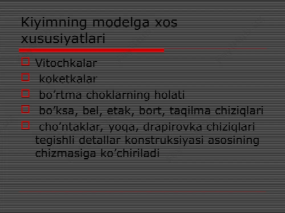 , detallar gorizontal va vertikal bo’aklanishlari mumkin. gorizontal bo’aklash yo’li bilan turli koketkalar, ko’krak, bel va son chiziqlari bo’yicha kesmali detallar olish mumkin. vertikal bo’aklash bilan esa turli shakldagi releflar hosil qilish mumkin yangi modellar loyihalash ishida bazaviy konstruksiyadan foydalanish yangi modellar konstruksiyasi bazaviy asosdan va bazaviy konstruksiyalardan foydalanib tuzilsa, ular loyihalash ishlariga kamroq mehnat sarflanadi, xom ashyo tejaladi, ishlov berish texnologiyasi mukammalllashadi. ularning estetik darajasini oshirishga zamin yaratiladi. nazorat savollari model va modellashtirish so’zlariga tushuncha bering. modelni kiyim nusxasidan yoki rasmdan o’rganish bosqichi nimalardan iborat? modellashtirish uchun mos keladigan baza asosi qanday tanlanadi? baza asosini o’zgartirish variantlari turlari? konstruktiv modellashtirish usullari haqida nima bilasiz? vitochkalarni oddiy ko’chirish usuliga izoh bering foydalanilgan adabiyotlar . коблякова е.б. и др. конструирование одежди с элементами сапр м 1985 г 2. pulatova s.u kiyimni konstruksiyalash asoslari. toshkent 2001 y 3. lin jak. texnika kroya. moskva 1986 4. komilova x.x. kiyimlarni loyihalash asoslari. toshkent 2001 …