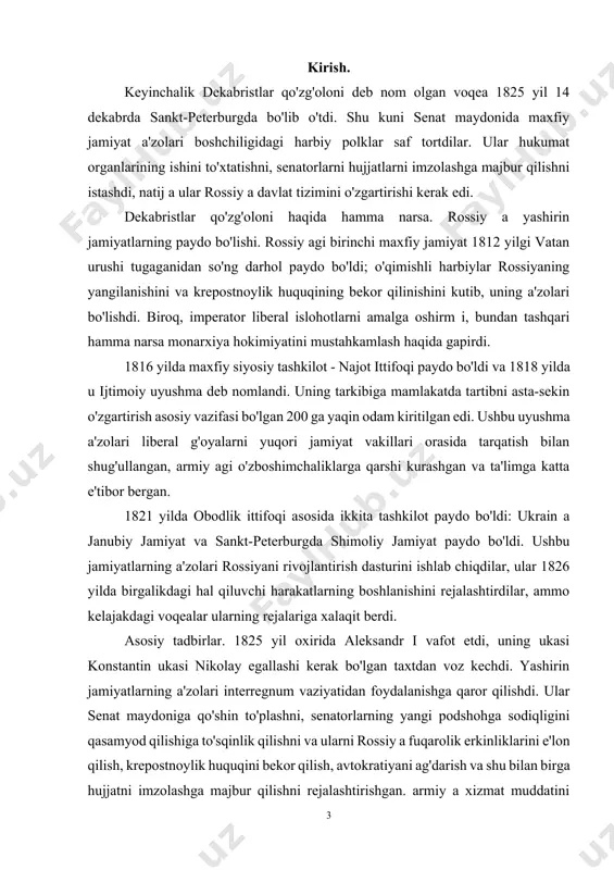 egallashi kerak bo'lgan taxtdan voz kechdi. yashirin jamiyatlarning a'zolari interregnum vaziyatidan foydalanishga qaror qilishdi. ular senat maydoniga qo'shin to'plashni, senatorlarning yangi podshohga sodiqligini qasamyod qilishiga to'sqinlik qilishni va ularni rossiy a fuqarolik erkinliklarini e'lon qilish, krepostnoylik huquqini bekor qilish, avtokratiyani ag'darish va shu bilan birga hujjatni imzolashga majbur qilishni rejalashtirishgan. armiy a xizmat muddatini qisqartirish sifatida. bundan tashqari, butrus va pol qal'asi va qishki saroyni egallab olish va qirol oilasini hibsga olish rejalashtirilgan edi. biroq, nikolay yaqinlashib kelayotgan isyon haqida bilar edi, u buni oldini olish uchun oldindan g'amxo'rlik qildi. senatorlar 14-dekabr kuni erta tongda yangi imperatorga sodiqlikka qasamyod qildilar va tez or a binoni tark etishdi. harakat rejasi boshidanoq buzilgan edi - qo'zg'olon diktatori s. trubetskoy maydonga chiqmi. nikolay o'ziga sodiq qo'shinlarni yubordi, ularning soni isyonchilar sonidan bir necha baravar ko'p edi. u artilleriy an foydalanishni buyurdi va tunga q ar qo'zg'olon bostirildi. hibsga olishlar va tergovlar. tekshirish uchun …