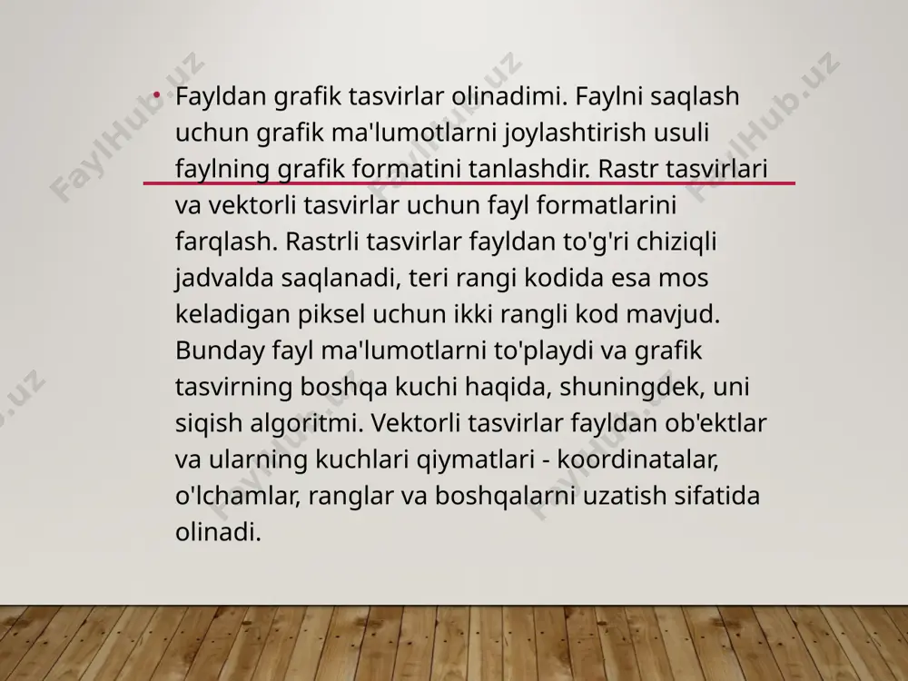 dan operatsion tizim. zastosovuetsya windows-da vikoristannya uchun mo'ljallangan rastrli tasvirlarni va tsmu-da yogo zasosuvannya uchlari maydonini saqlash uchun. bmp varianti windows ehtiyojlari uchun emas va keng kechirilishi kerak. misol ko’rinishida grafikli axborot analog ko’rinishlarda tasvir aksi bo’lib xizmat qilishi mumkin, rangi vaqti bilan o’zgarishi mumkin. tasvir diskret ko’rinishlarda alohida turli rangli nuqtalardan tashkil topgan va purkovchi printer yordamida chop qilingan bo’ladi. 7 qog’oz, foto- va kinoplenkada analog ko’rinishida saqlanuvchi grafik tasvir, kompyuterning raqam(diskret) formatiga qayta tuzilishi mumikin. 8 grafik axborot analogli shakldan diskretli shaklga diskretlash yo’li bilan o’tadi, yani grafik tasvirni aloxida elementlari uzilishsiz tasvirlanadi. 9 tasvirni kodlash sifati 2 parametrga bog’liq: birinchidan, tasvirni tashkil etgan nuqtalar soni qancha o’lchamlari kichik va kerakligicha ko’p bo’lsa, kodlash sifati shuncha yuqori bo’ladi. ikkinchidan, ranglar qancha ko’p bo’lsa, ya’ni tasvir nuqtaning holatida imkoniyatlari ko’proq, ayniqsa, tasvir sifatli kodlashtiriladi, (har bir nuqta ko’proq sifatli axborot uzatadi) ishlatilayotgan ranglar to’plami ranglar palitrasiga murojaat qilinadi. kam …