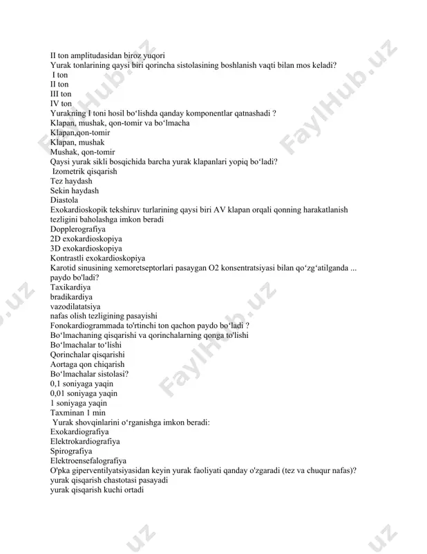 qaysi yurak sikli bosqichida barcha yurak klapanlari yopiq boʻladi? izometrik qisqarish tez haydash sekin haydash diastola exokardioskopik tekshiruv turlarining qaysi biri av klapan orqali qonning harakatlanish tezligini baholashga imkon beradi dopplerografiya 2d exokardioskopiya 3d exokardioskopiya kontrastli exokardioskopiya karotid sinusining xemoretseptorlari pasaygan o2 konsentratsiyasi bilan qoʻzgʻatilganda ... paydo bo'ladi? taxikardiya bradikardiya vazodilatatsiya nafas olish tezligining pasayishi fonokardiogrammada to'rtinchi ton qachon paydo boʻladi ? boʻlmachaning qisqarishi va qorinchalarning qonga to'lishi boʻlmachalar toʻlishi qorinchalar qisqarishi aortaga qon chiqarish boʻlmachalar sistolasi? 0,1 soniyaga yaqin 0,01 soniyaga yaqin 1 soniyaga yaqin taxminan 1 min yurak shovqinlarini oʻrganishga imkon beradi: exokardiografiya elektrokardiografiya spirografiya elektroensefalografiya o'pka giperventilyatsiyasidan keyin yurak faoliyati qanday o'zgaradi (tez va chuqur nafas)? yurak qisqarish chastotasi pasayadi yurak qisqarish kuchi ortadi kardiomiositlarning qo'zg'aluvchanligi oshadi qorincha sistolasining davomiyligi oshadi quyidagi biologik faol moddalardan qaysi biri guanilatsiklaza inaktivatsiyasi natijasida yurak qisqarish kuchining pasayishiga olib keladi? atsetilxolin gistamin tiroksin adrenalin protodiastolik davriga to'g'ri keladi? aorta va o'pka …