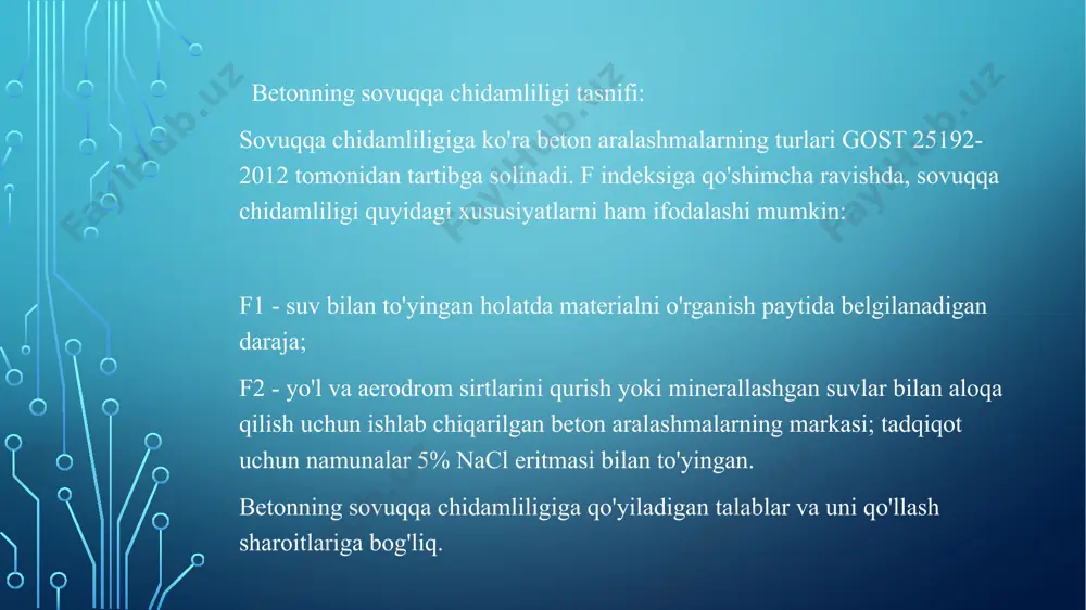 urib bitirishi mumkin. penobloklar 1970 yillardan buyon 40 dan ortiq davlatlarda ishlatilib kelingan. uyag‘ovakli betonlar katta miqdordagi (betonning umumiy hajmining 85% gacha) 1,0 … 1, 5 mm gacha bo‘lgan kichik va o‘rta o‘lchamdagi havo g‘ovaklari bo‘lgan yengil betonlardir. qotish usullari gazabeton: - avtoklavda; - issiqlik-namlik ishlov berish sharoitida; penobeton: tabiiy sharoitda, xulosa: so‘nggi yillarda dunyoda qurilish jarayonida energiya tejamkor, innovatsion qurilish materiallaridan foydalanish bino-inshootning tannarxi arzon bo‘lishi hamda qurilish ishlarini tez fursatda, sifatli amalga oshirishda muhim omil bo‘lib xizmat qilmoqda. rivojlangan davlatlarda pishgan g‘isht, blok g‘isht va yog‘och o‘rniga energiya tejamkor yengil beton bloklaridan foydalanish keng ommalashgan bo‘lib, mamlakatimizda ushbu qurilish materiallarini ishlab chiqarishni keng yo‘lga qo‘yish, bu yo‘nalishda jahon tajribasini qo‘llashga alohida e’tibor berib kelinmoqda. foydalanilgan adabiyotlar: 1. akramov h.a., nuritdinov h.n. “beton va temir-beton buyumlari ishlab chiqarish texnologiyasi’’ darslik 2011 akramov h.a “beton texnologiyasi’’ o’quv qo’llanma 2012 https://srcyrl.cotecmachinery.com http://uz.ttdingtian.com https://www.dow.com/en-us image2.png image3.png image4.png image5.png image6.png image7.png image8.png image9.png …